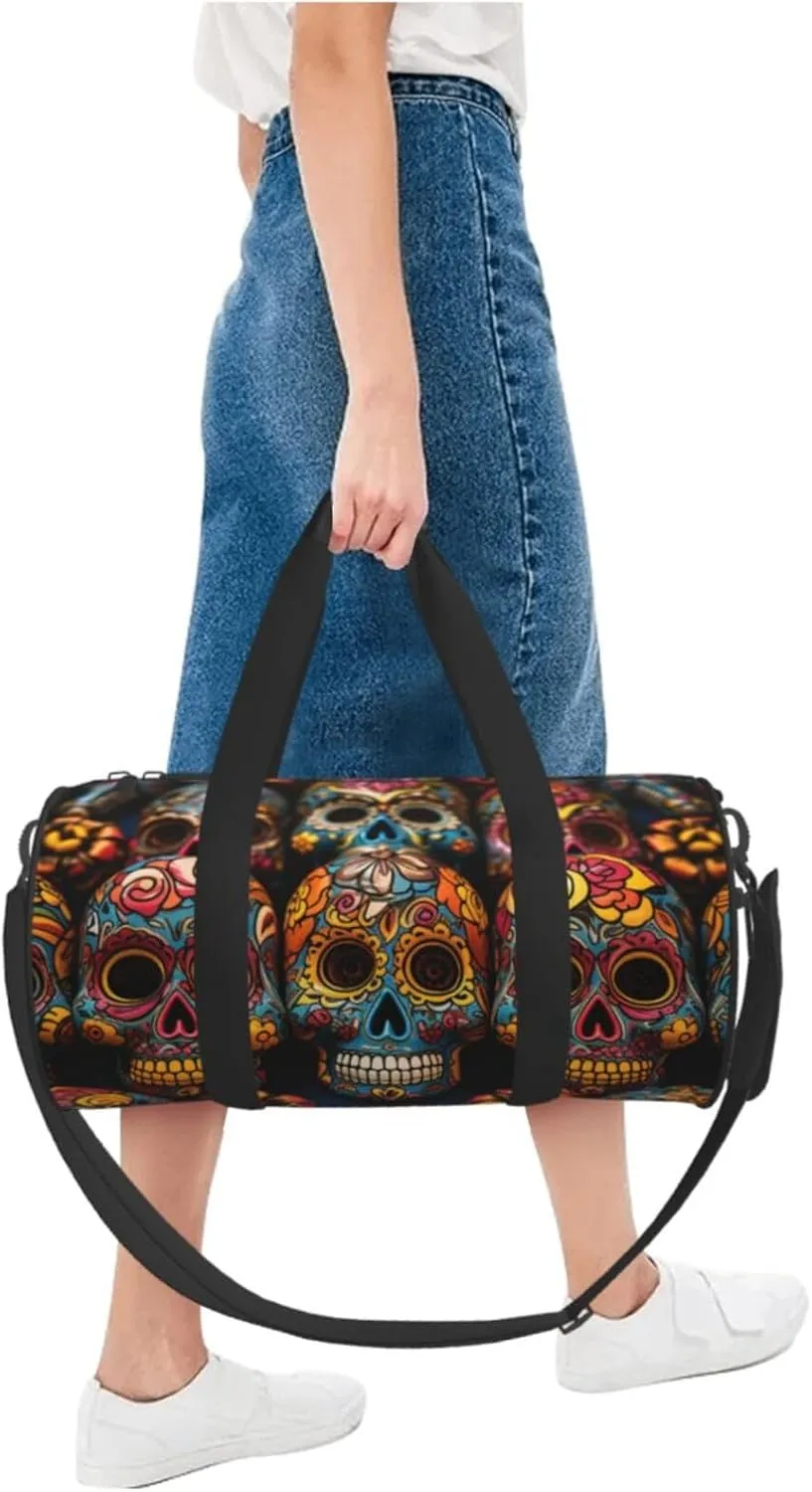 Gym Bags Small Colorful Sugar Skulls Duffel Bag Overnight Bag with Shoe Compartment Carryon Bag for Men Women