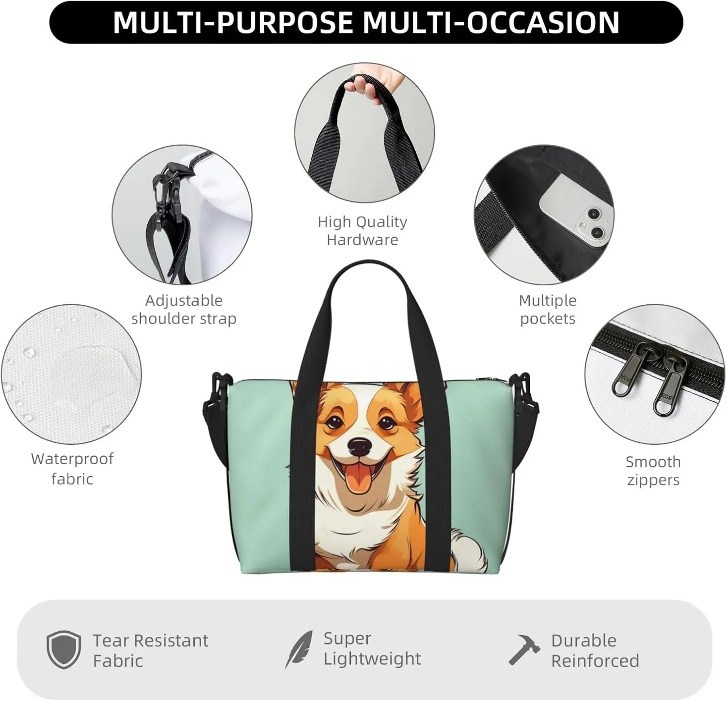 Gym Bags Small Corgi Cute Dog Duffel Bag Overnight Bag with Shoe Compartment Carryon Bag for Men Women