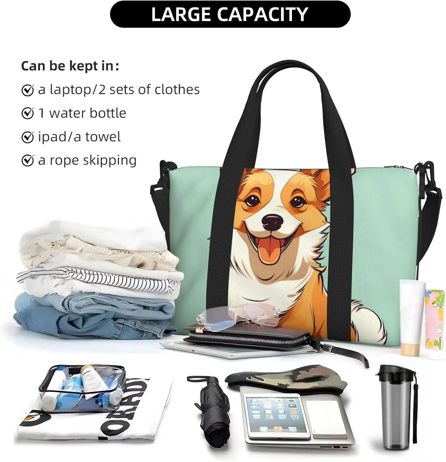 Gym Bags Small Corgi Cute Dog Duffel Bag Overnight Bag with Shoe Compartment Carryon Bag for Men Women