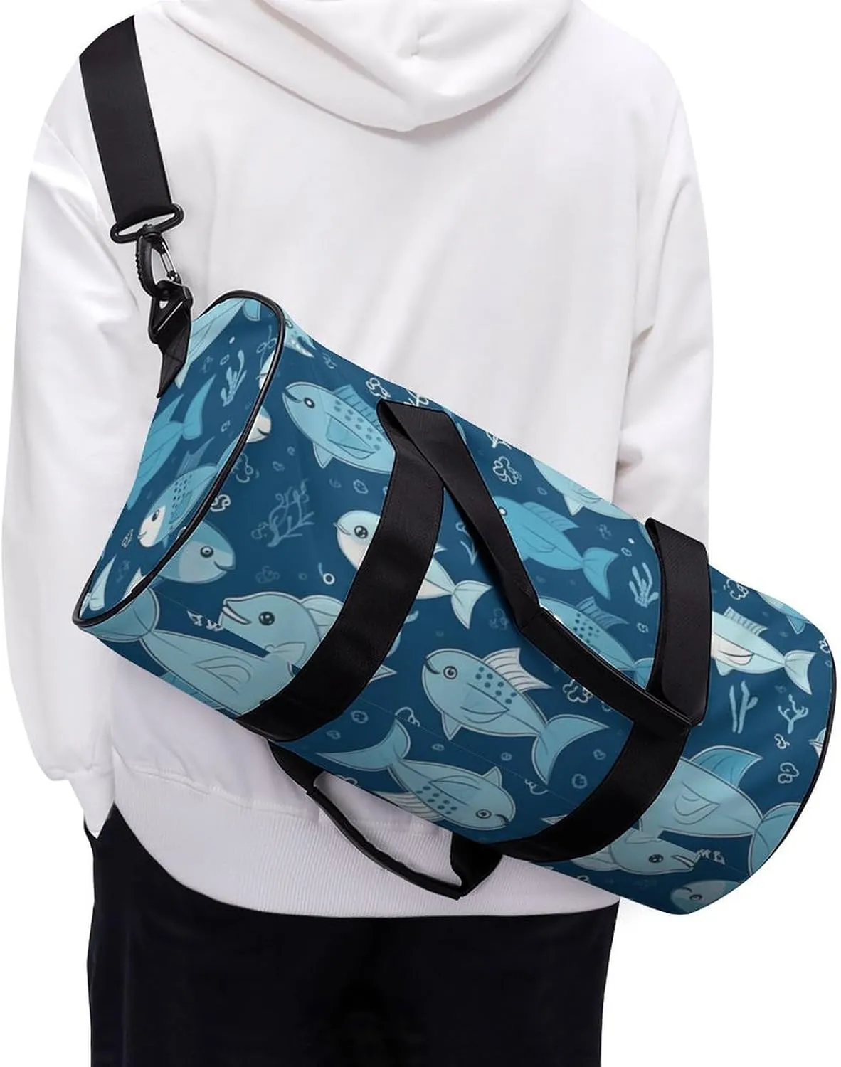 Gym Bags Small Cute Blue Fish Duffel Bag Overnight Bag with Shoe Compartment Carryon Bag for Men Women