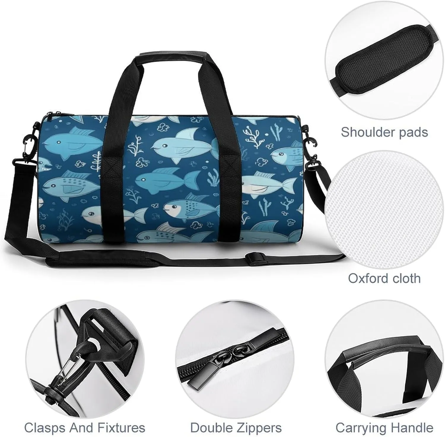 Gym Bags Small Cute Blue Fish Duffel Bag Overnight Bag with Shoe Compartment Carryon Bag for Men Women