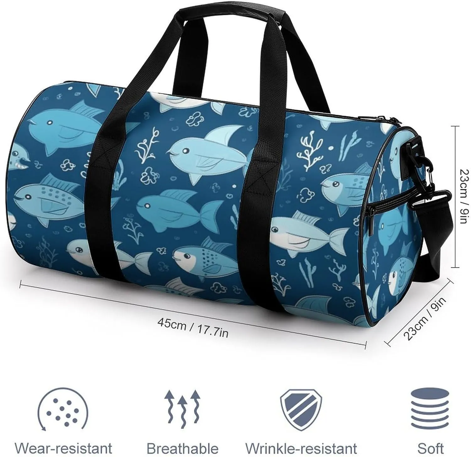 Gym Bags Small Cute Blue Fish Duffel Bag Overnight Bag with Shoe Compartment Carryon Bag for Men Women