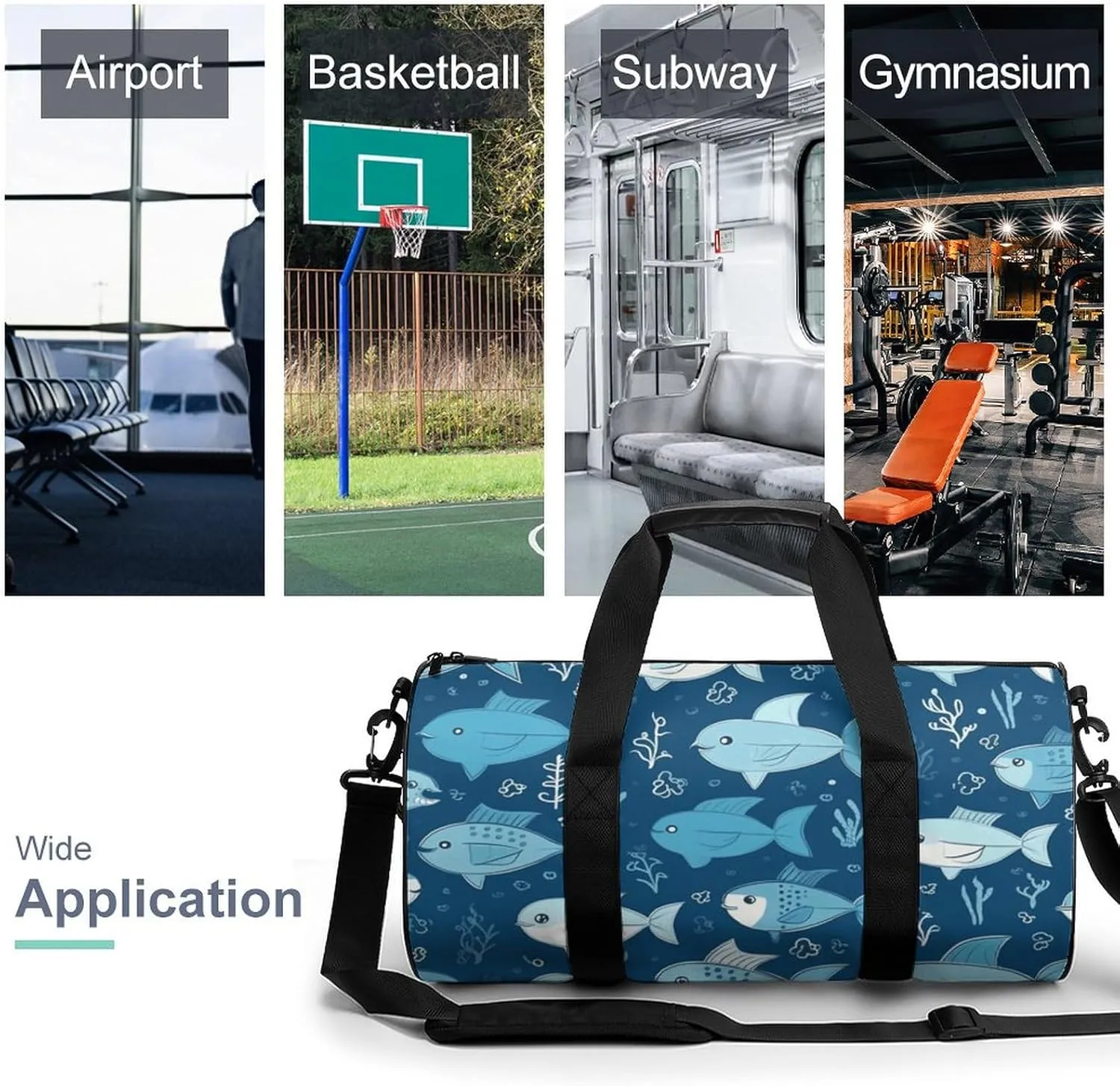 Gym Bags Small Cute Blue Fish Duffel Bag Overnight Bag with Shoe Compartment Carryon Bag for Men Women