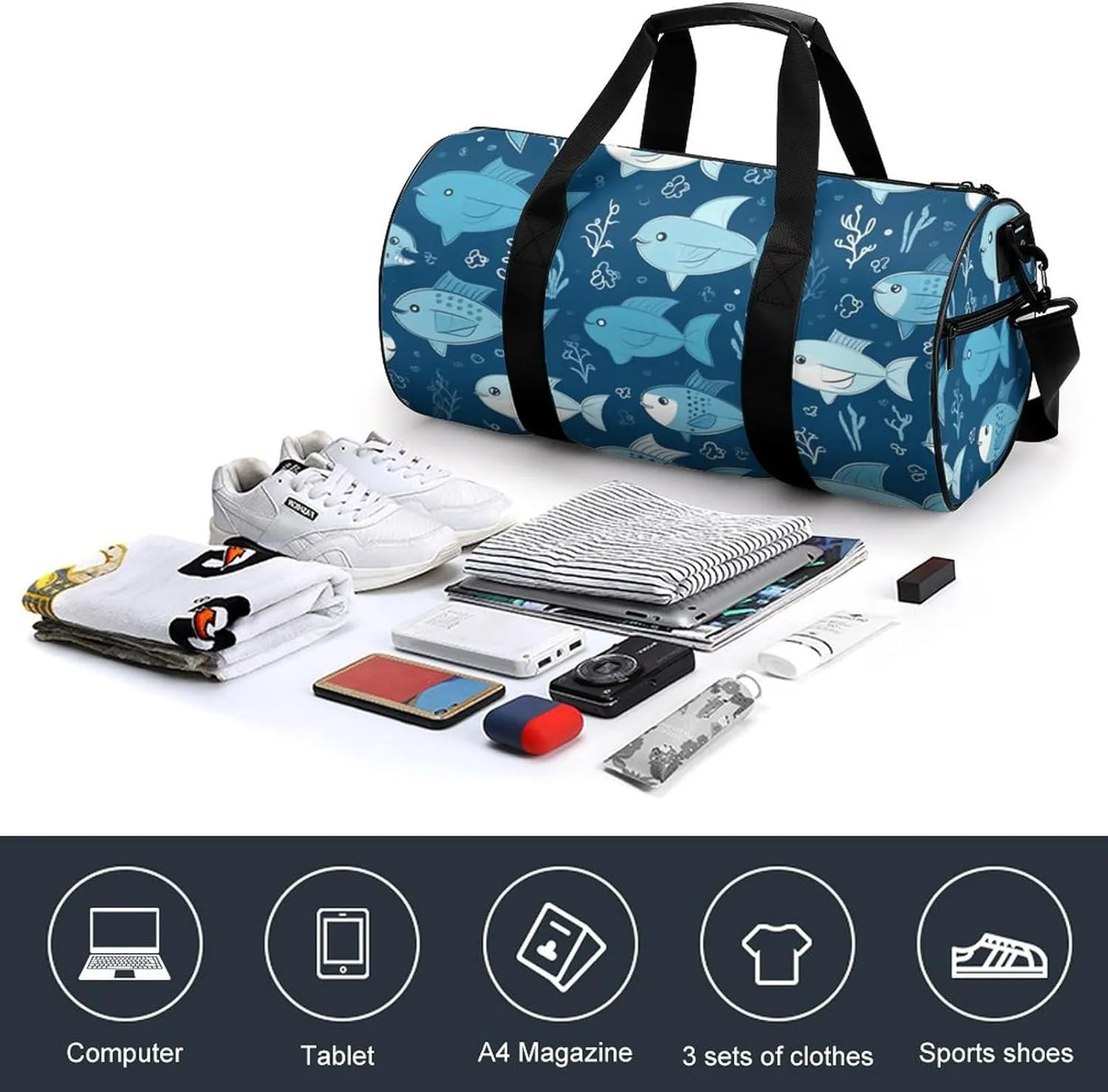 Gym Bags Small Cute Blue Fish Duffel Bag Overnight Bag with Shoe Compartment Carryon Bag for Men Women