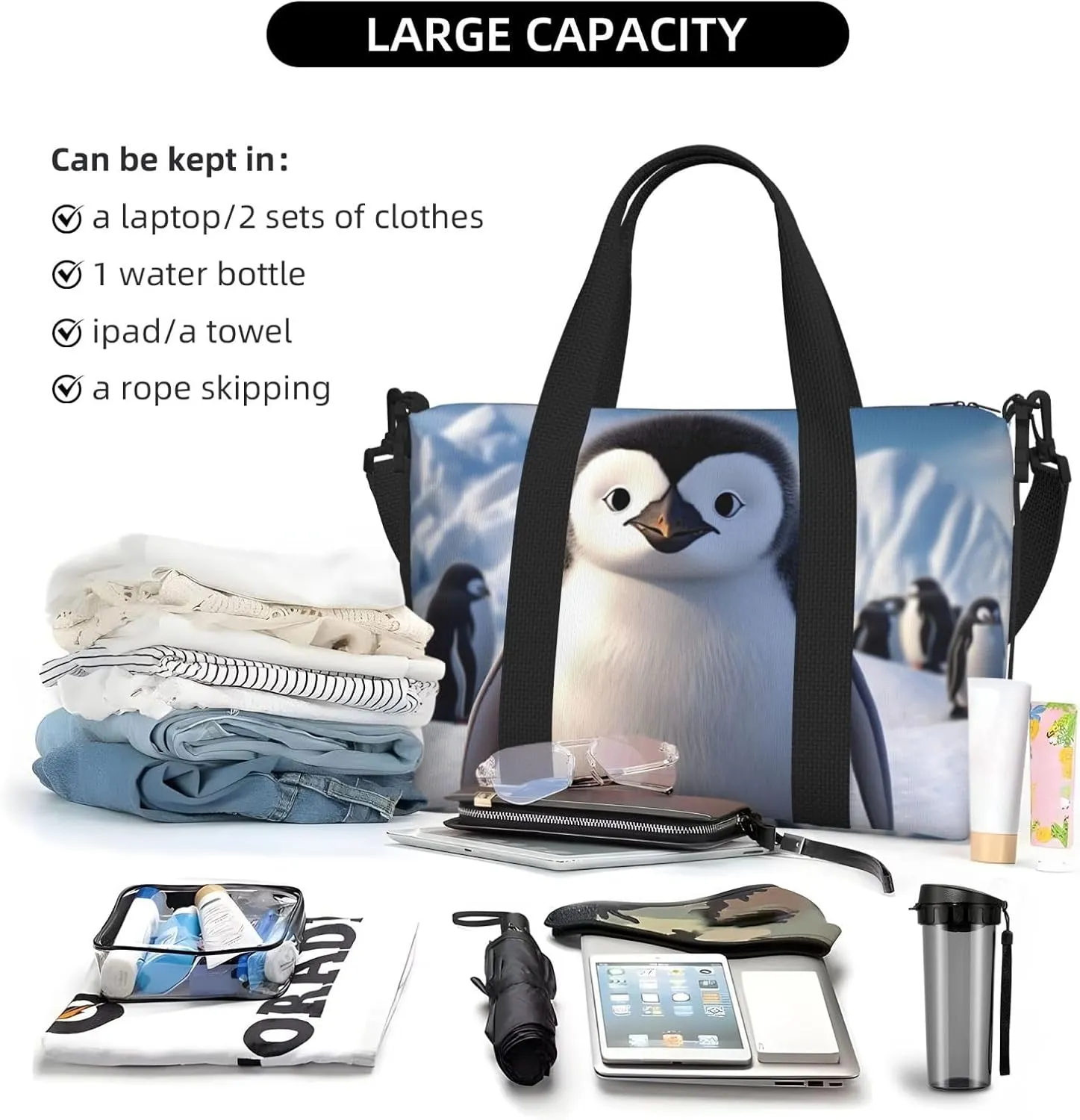 Gym Bags Small Cute Penguin Duffel Bag Overnight Bag with Shoe Compartment Carryon Bag for Men Women