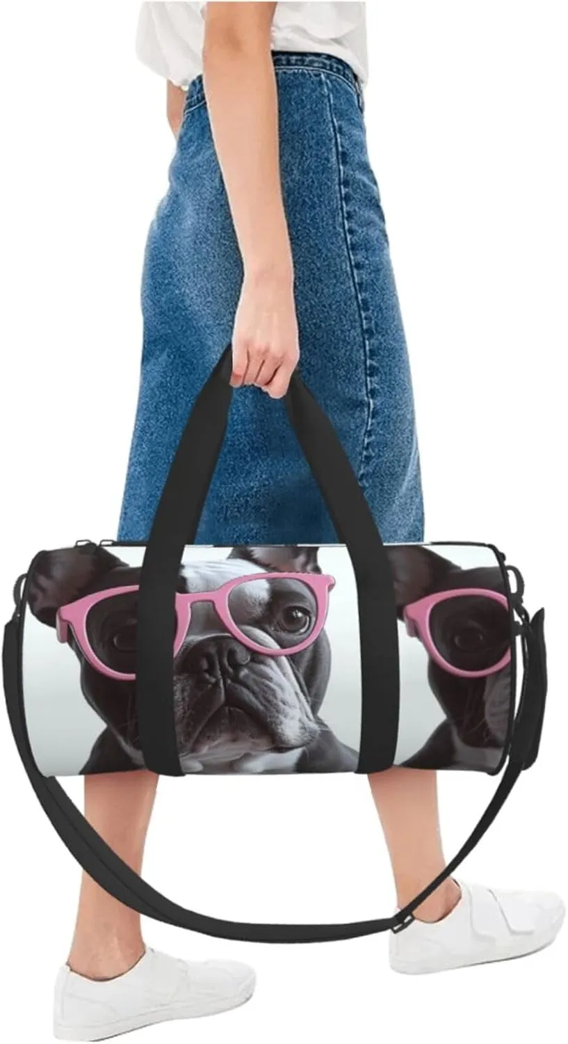 Gym Bags Small French Bulldog Glasses Duffel Bag Overnight Bag with Shoe Compartment Carryon Bag for Men Women