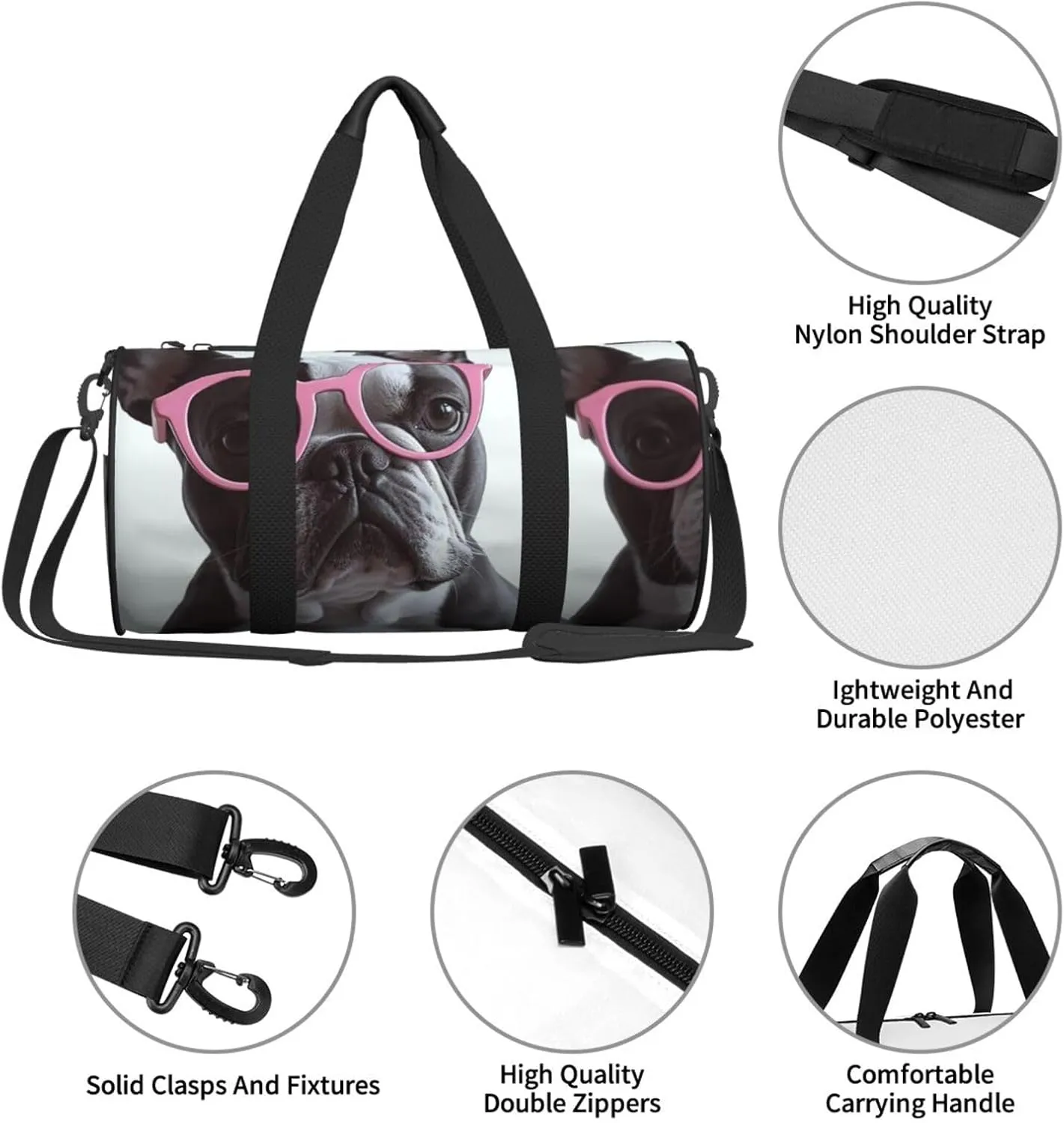 Gym Bags Small French Bulldog Glasses Duffel Bag Overnight Bag with Shoe Compartment Carryon Bag for Men Women