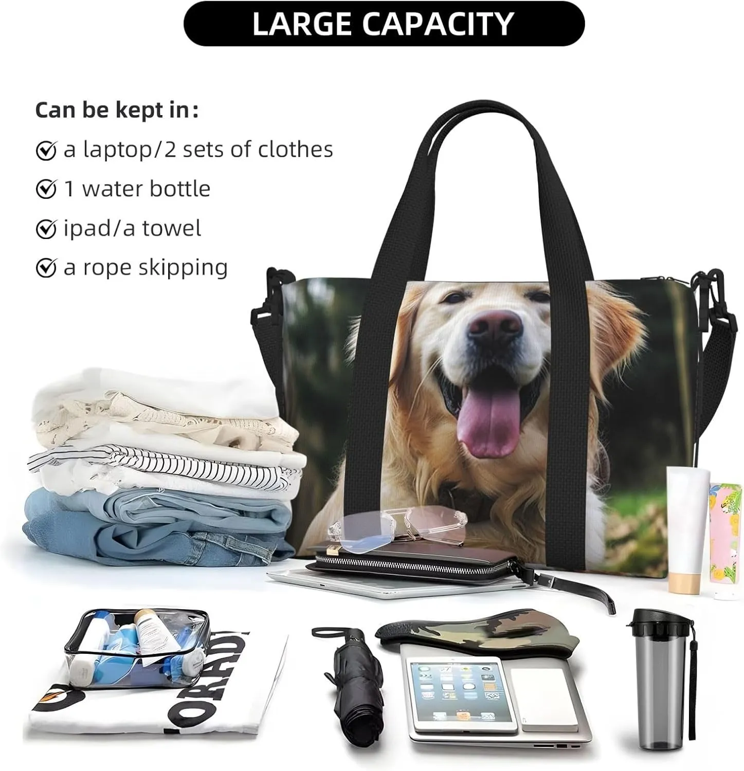 Gym Bags Small Funny Golden Retriever Duffel Bag Overnight Bag with Shoe Compartment Carryon Bag for Men Women