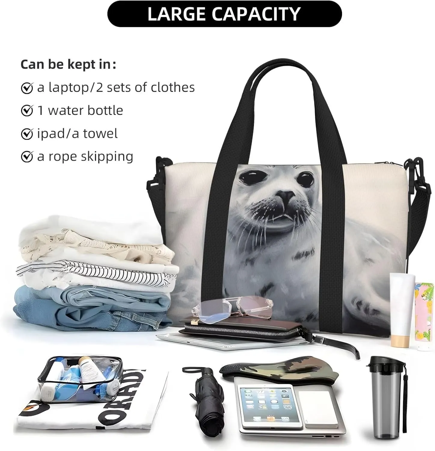 Gym Bags Small Harp Seal Painting Duffel Bag Overnight Bag with Shoe Compartment Carryon Bag for Men Women