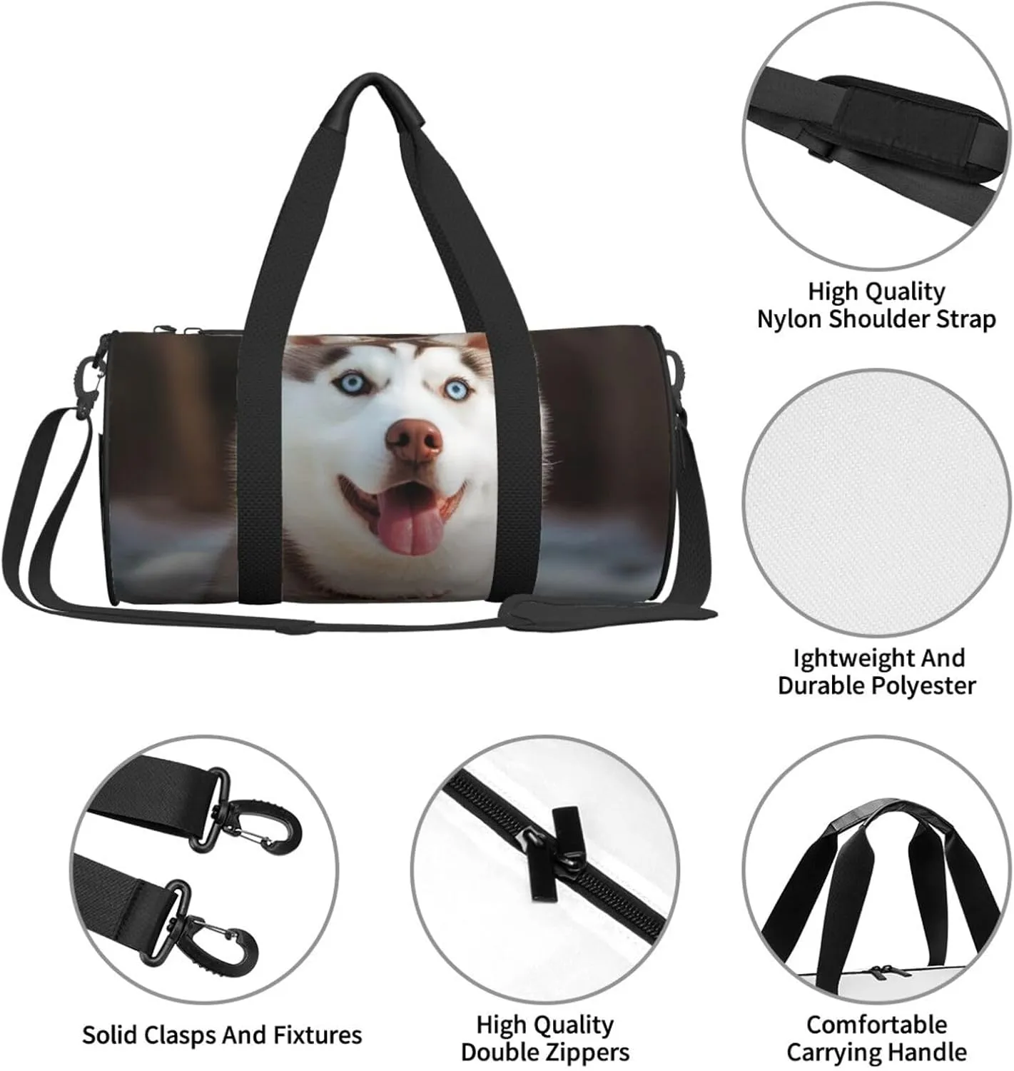 Gym Bags Small Husky Piquant Dog Duffel Bag Overnight Bag with Shoe Compartment Carryon Bag for Men Women