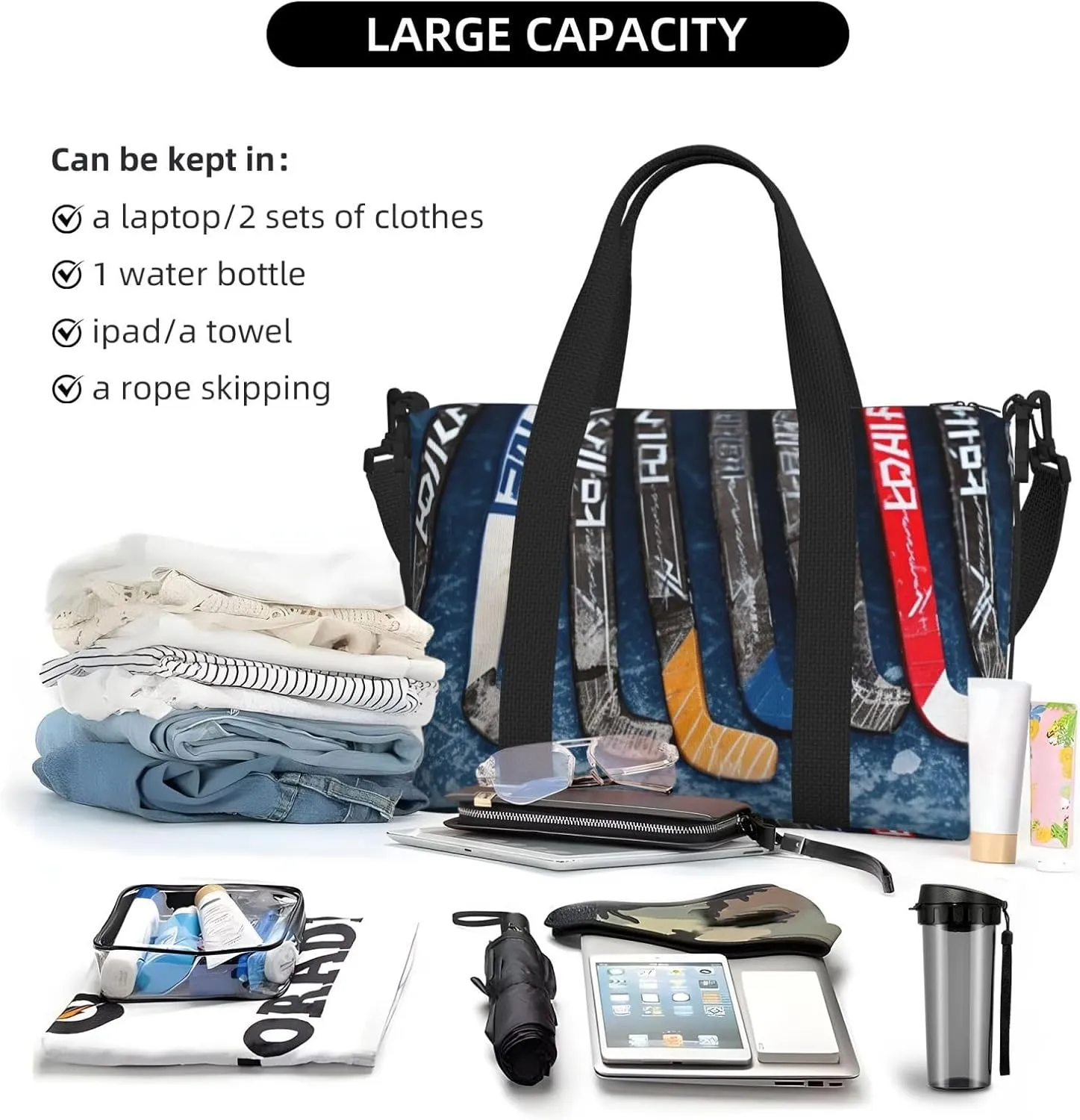 Gym Bags Small Ice Hockey Sticks Duffel Bag Overnight Bag with Shoe Compartment Carryon Bag for Men Women
