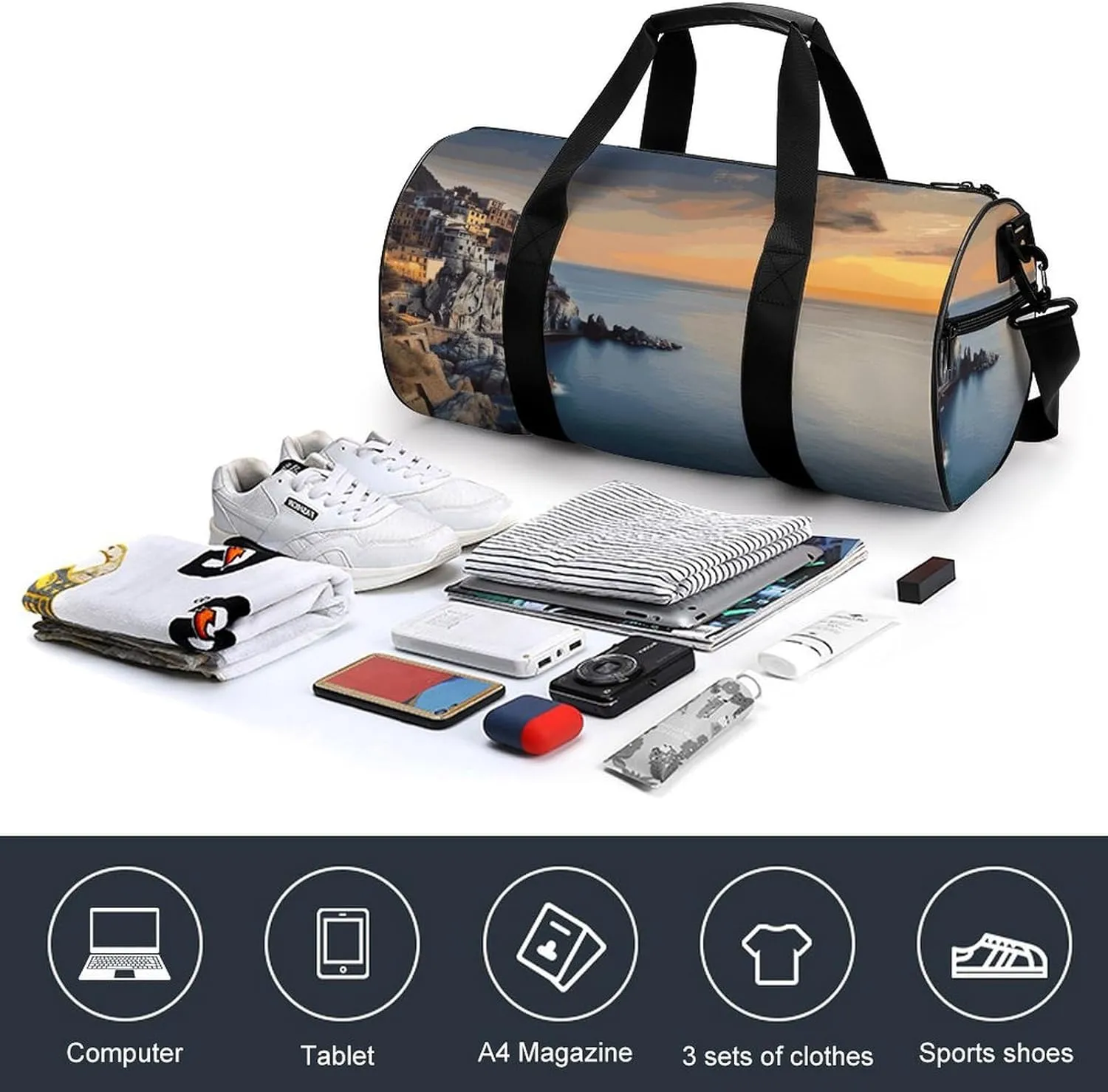 Gym Bags Small Italy Sea at Sunset Duffel Bag Overnight Bag with Shoe Compartment Carryon Bag for Men Women