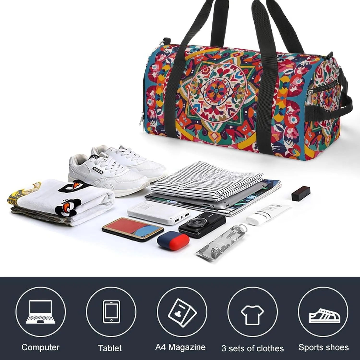 Gym Bags Small Mexican Folk Art Boho Duffel Bag Overnight Bag with Shoe Compartment Carryon Bag for Men Women