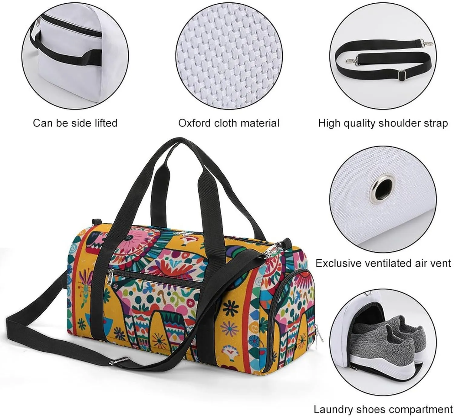 Gym Bags Small Mexican Otomi Animal Duffel Bag Overnight Bag with Shoe Compartment Carryon Bag for Men Women