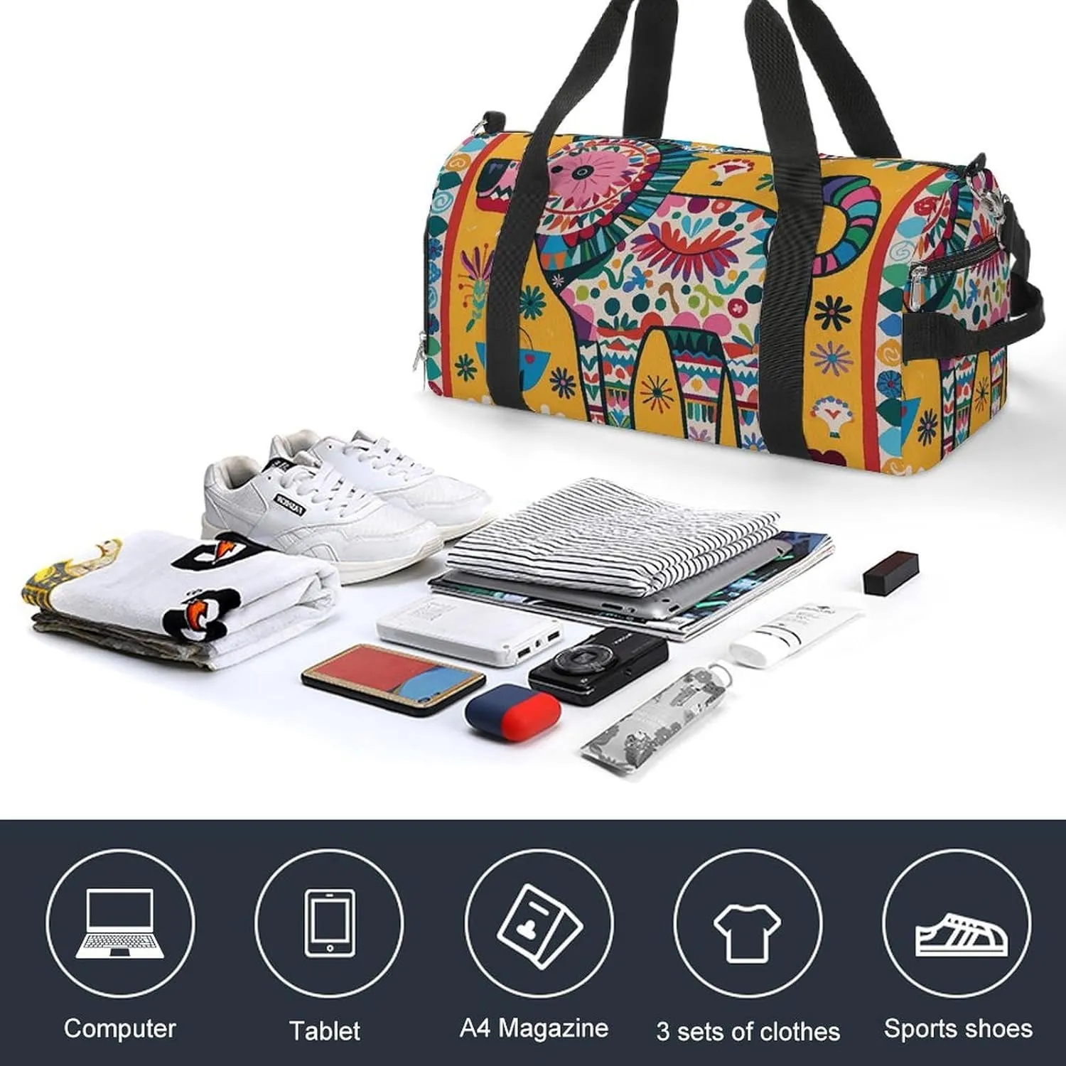 Gym Bags Small Mexican Otomi Animal Duffel Bag Overnight Bag with Shoe Compartment Carryon Bag for Men Women