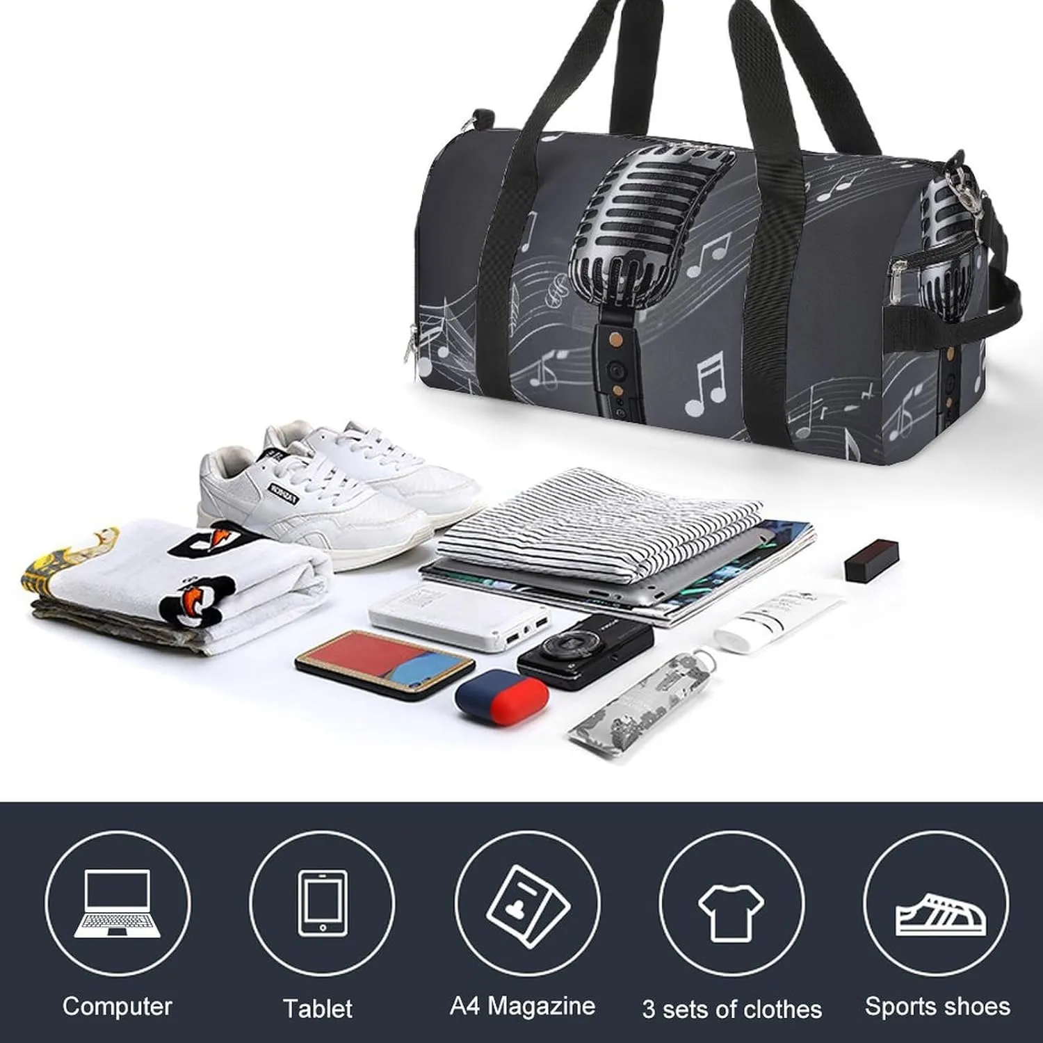 Gym Bags Small Microphone with Music Notes Duffel Bag Overnight Bag with Shoe Compartment Carryon Bag for Men Women