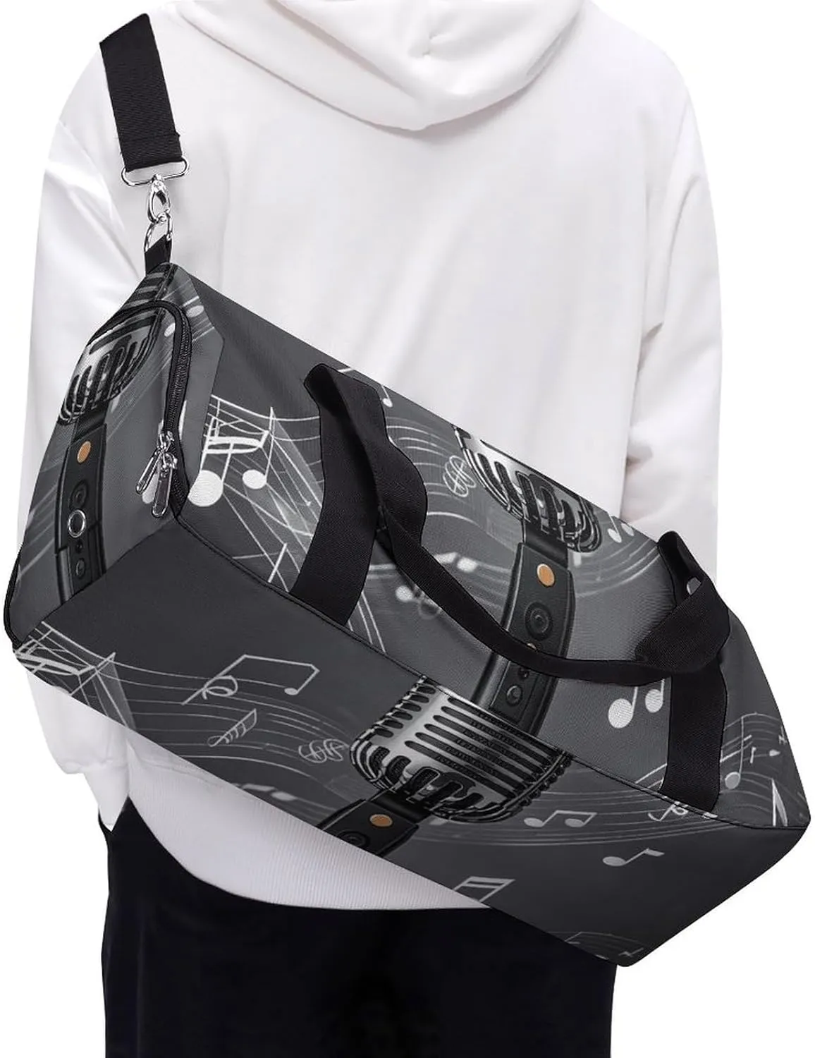 Gym Bags Small Microphone with Music Notes Duffel Bag Overnight Bag with Shoe Compartment Carryon Bag for Men Women