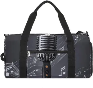 Gym Bags Small Microphone with Music Notes Duffel Bag Overnight Bag with Shoe Compartment Carryon Bag for Men Women