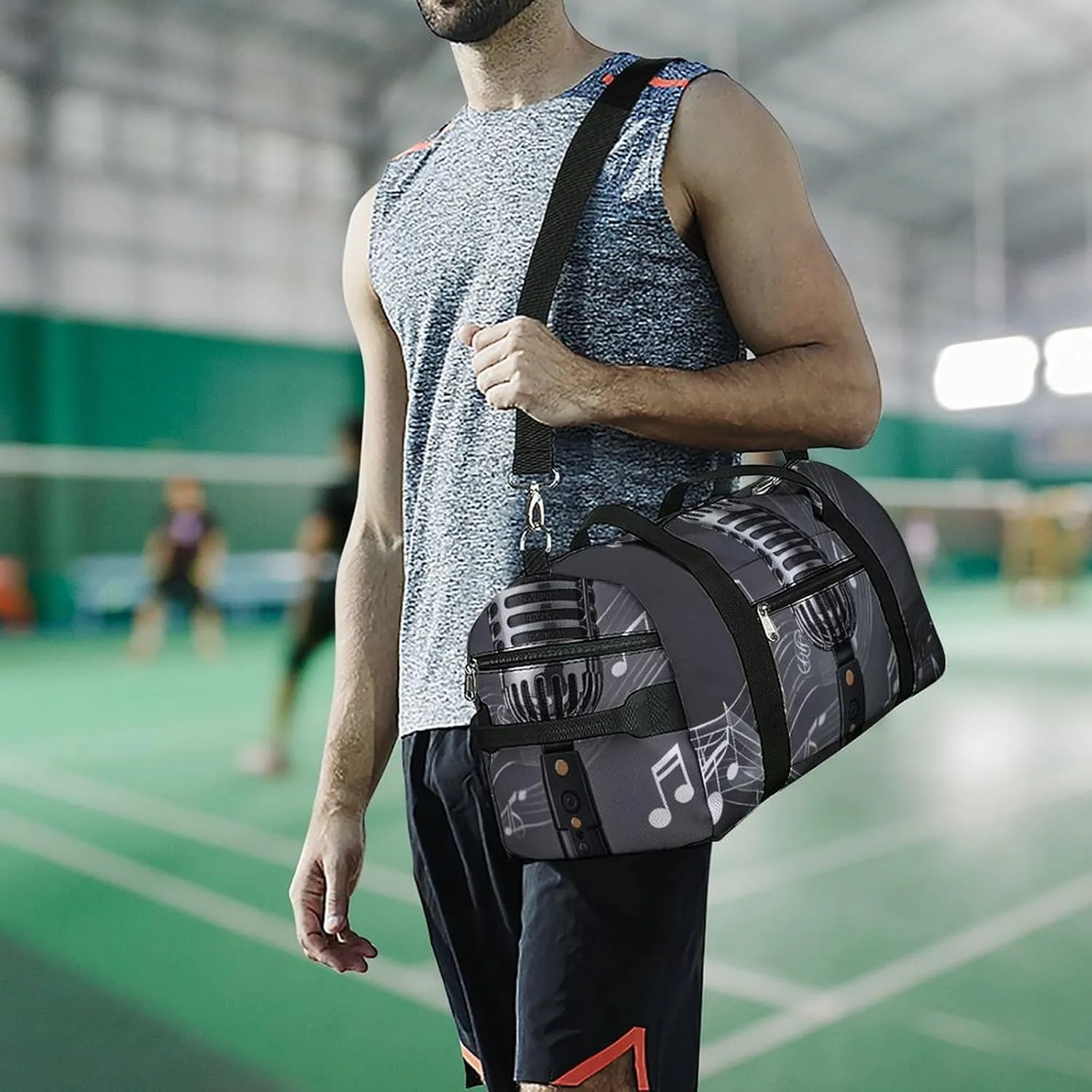 Gym Bags Small Microphone with Music Notes Duffel Bag Overnight Bag with Shoe Compartment Carryon Bag for Men Women