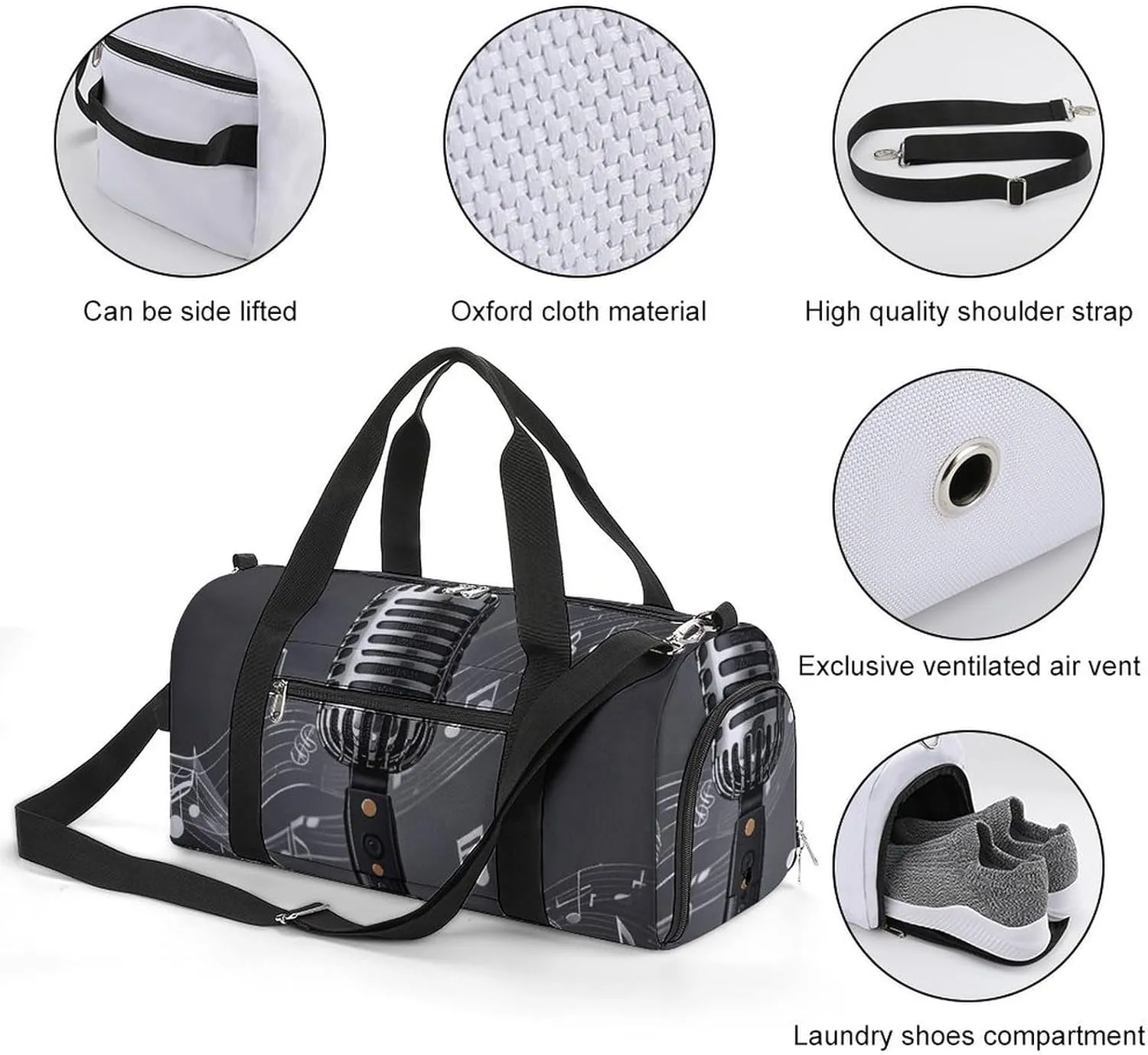 Gym Bags Small Microphone with Music Notes Duffel Bag Overnight Bag with Shoe Compartment Carryon Bag for Men Women