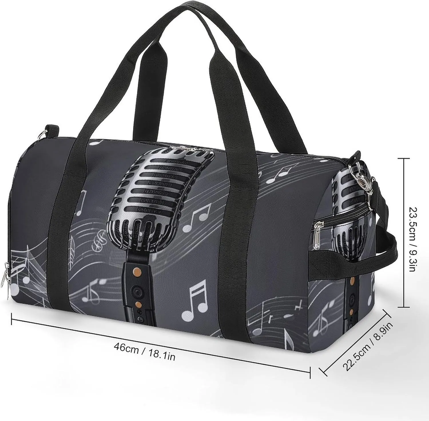 Gym Bags Small Microphone with Music Notes Duffel Bag Overnight Bag with Shoe Compartment Carryon Bag for Men Women