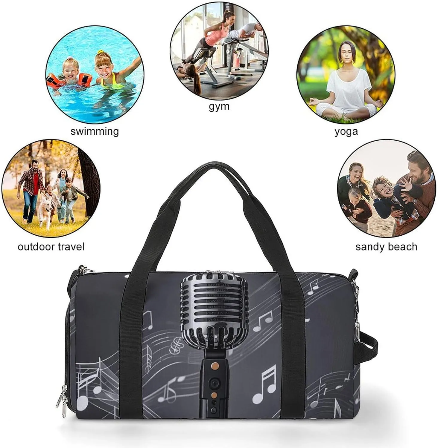 Gym Bags Small Microphone with Music Notes Duffel Bag Overnight Bag with Shoe Compartment Carryon Bag for Men Women