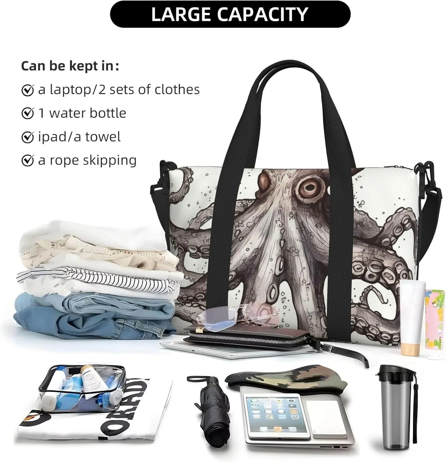 Gym Bags Small Octopus Duffel Bag Overnight Bag with Shoe Compartment Carryon Bag for Men Women