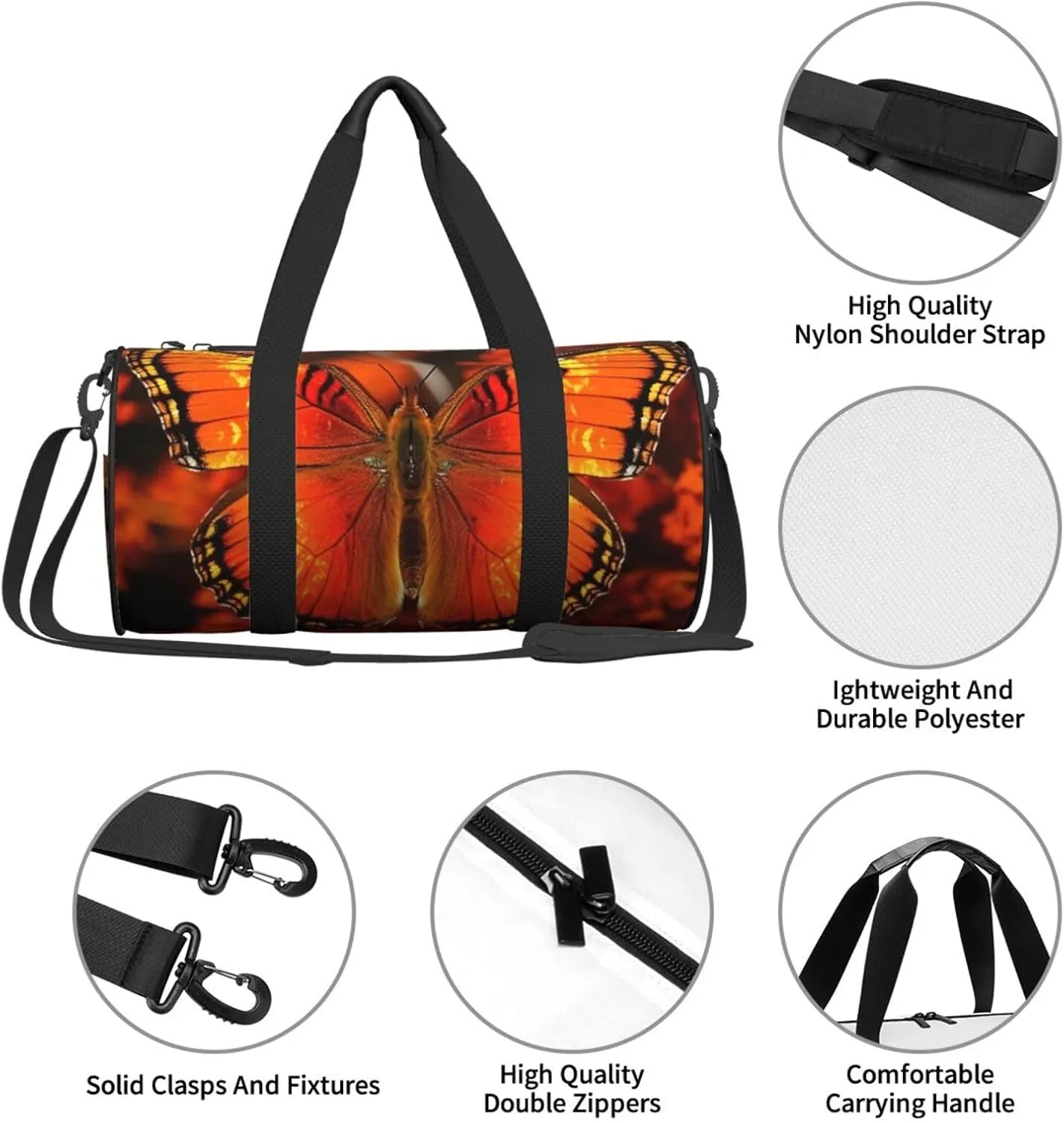 Gym Bags Small Orange Butterfly Duffel Bag Overnight Bag with Shoe Compartment Carryon Bag for Men Women