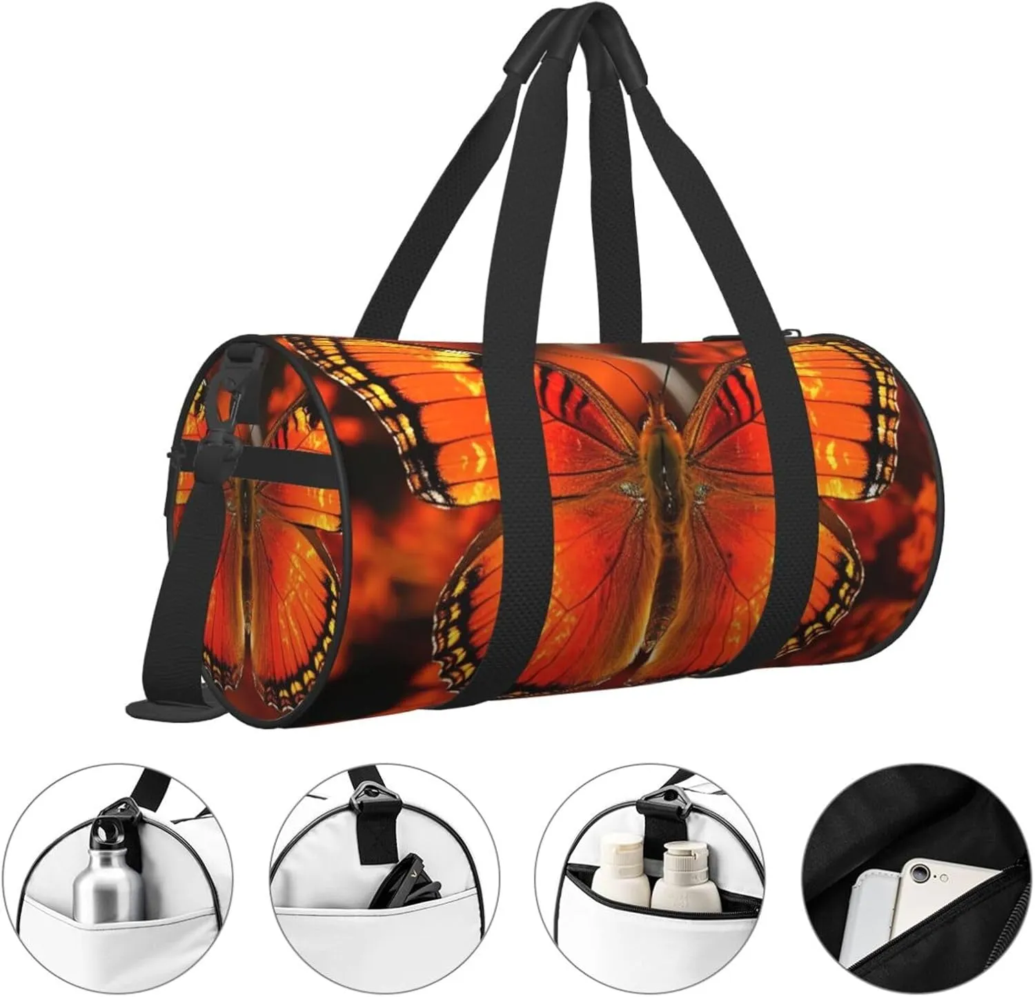 Gym Bags Small Orange Butterfly Duffel Bag Overnight Bag with Shoe Compartment Carryon Bag for Men Women