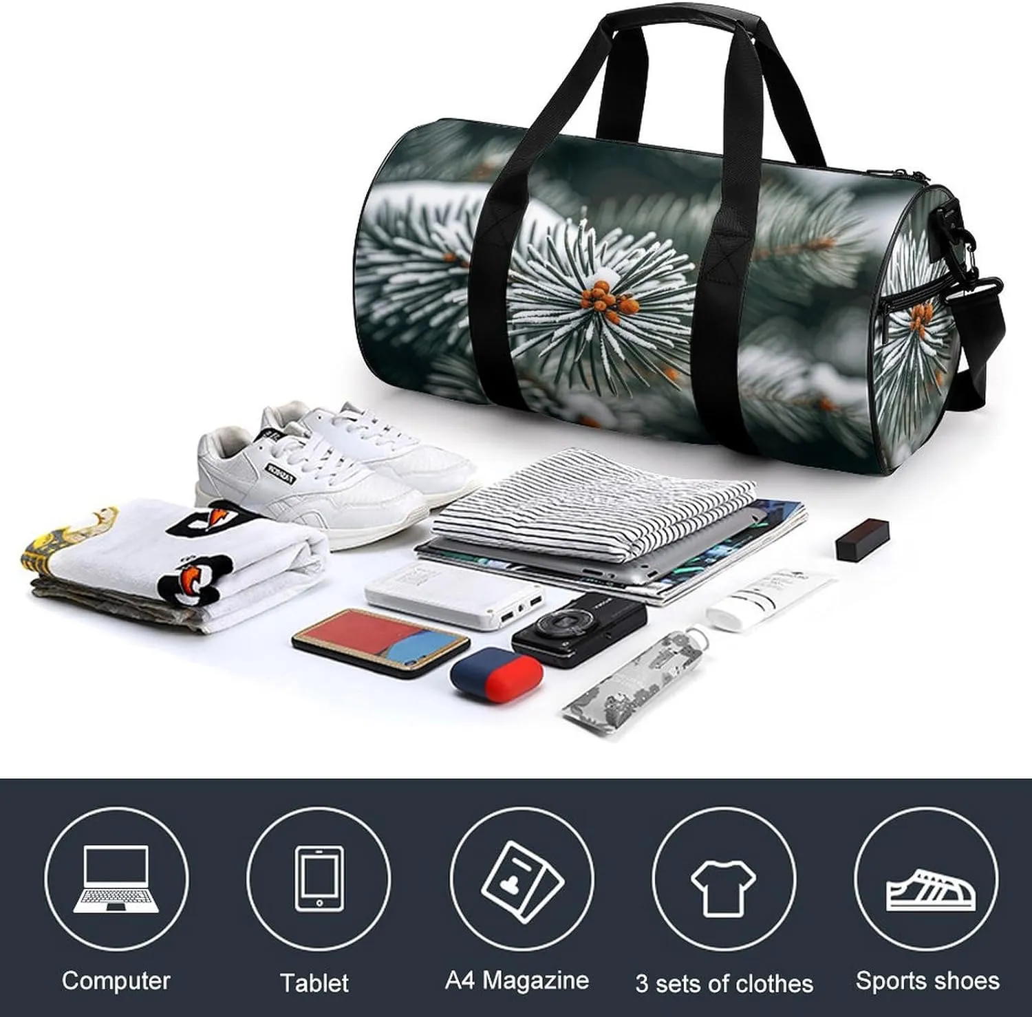 Gym Bags Small Pine Needle Tree Winter Duffel Bag Overnight Bag with Shoe Compartment Carryon Bag for Men Women