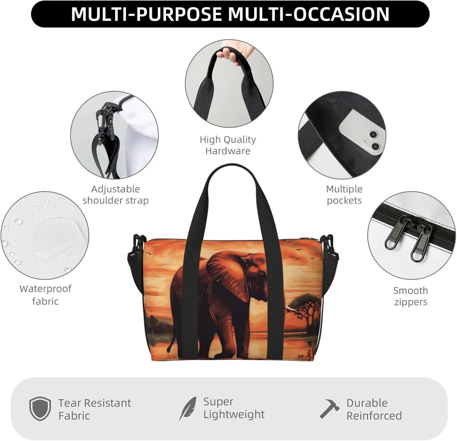 Gym Bags Small Sunset elephant Duffel Bag Overnight Bag with Shoe Compartment Carryon Bag for Men Women