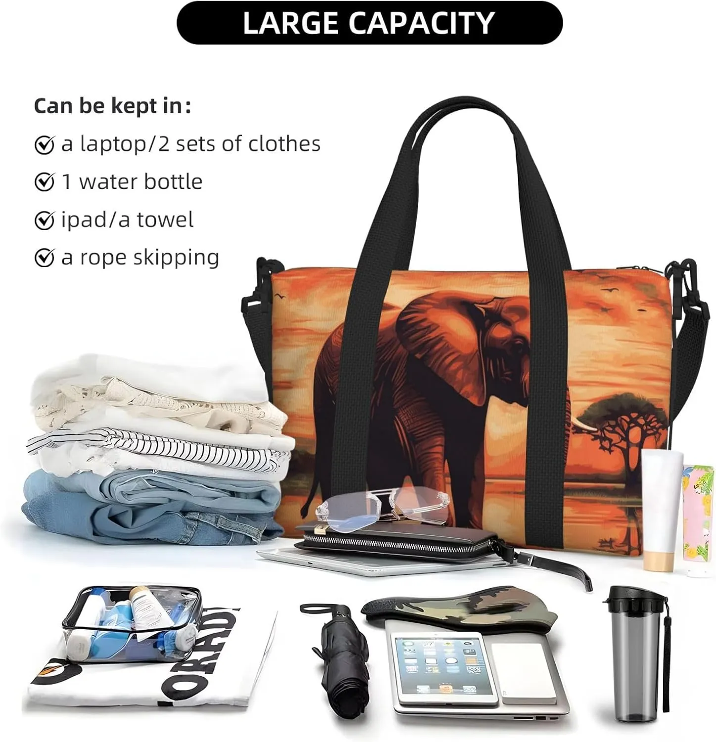 Gym Bags Small Sunset elephant Duffel Bag Overnight Bag with Shoe Compartment Carryon Bag for Men Women