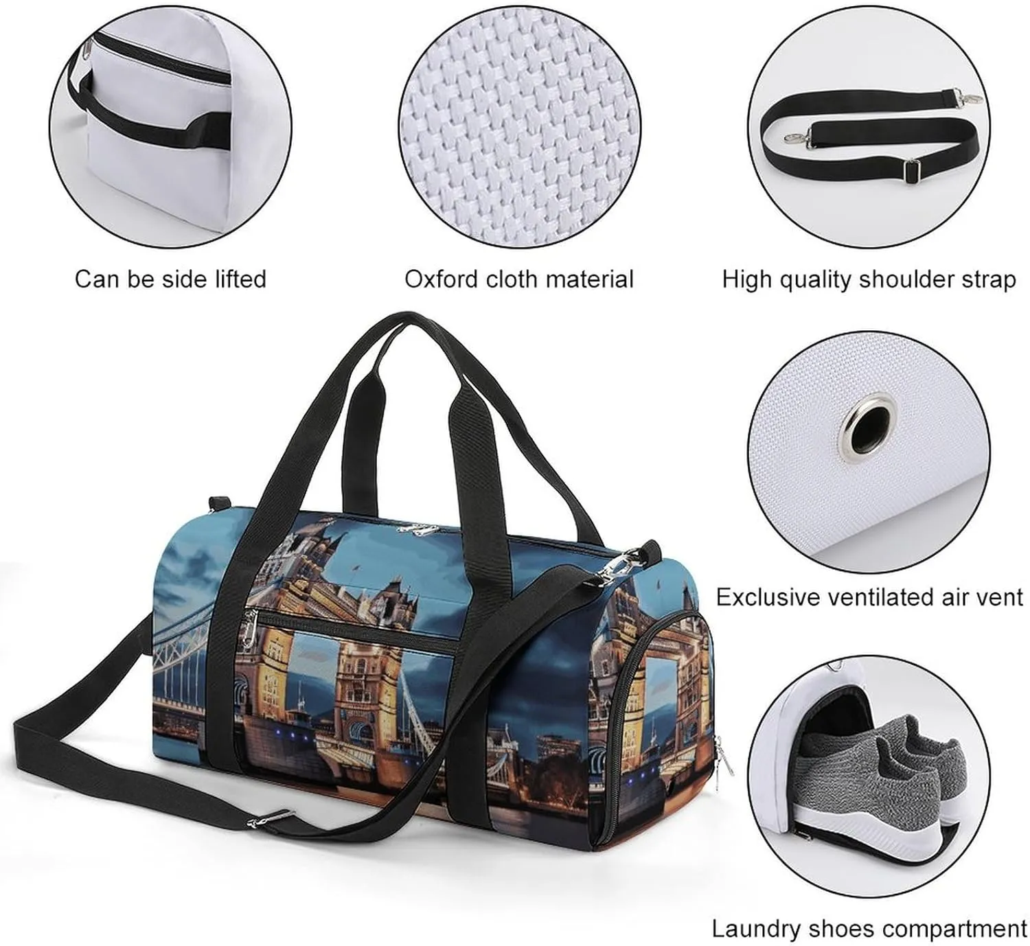 Gym Bags Small Tower Bridge in London Duffel Bag Overnight Bag with Shoe Compartment Carryon Bag for Men Women