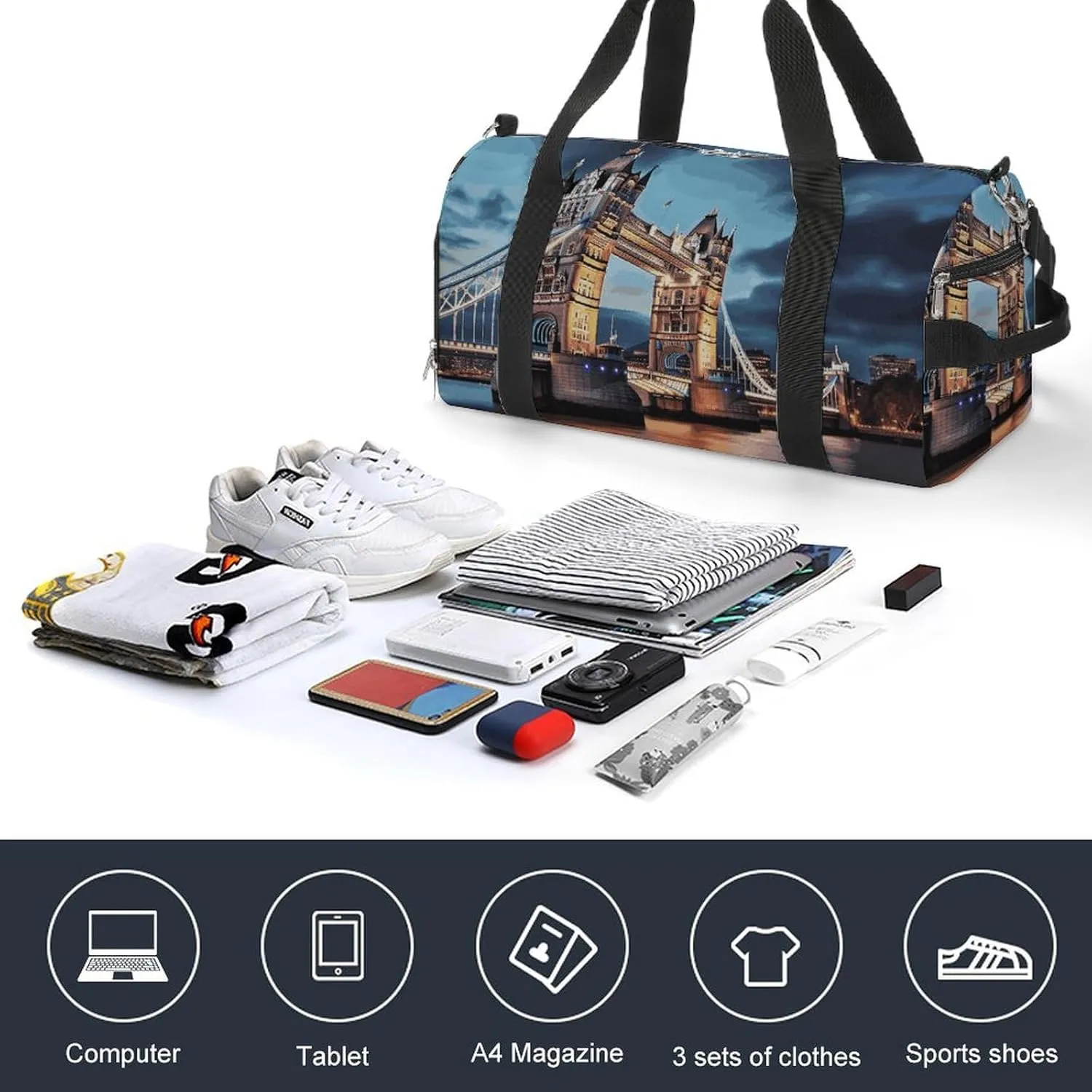 Gym Bags Small Tower Bridge in London Duffel Bag Overnight Bag with Shoe Compartment Carryon Bag for Men Women