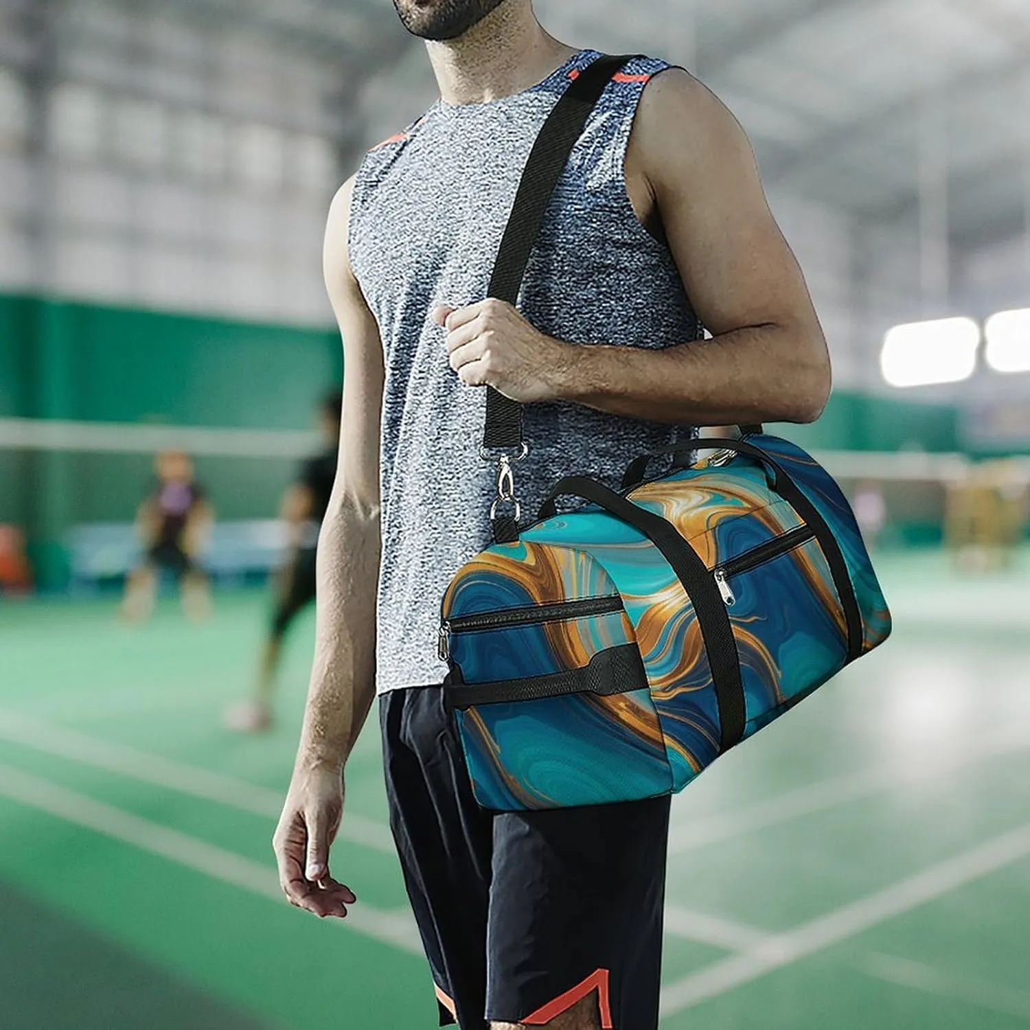 Gym Bags Small Turquoise Blue Gold Marble Duffel Bag Overnight Bag with Shoe Compartment Carryon Bag for Men Women
