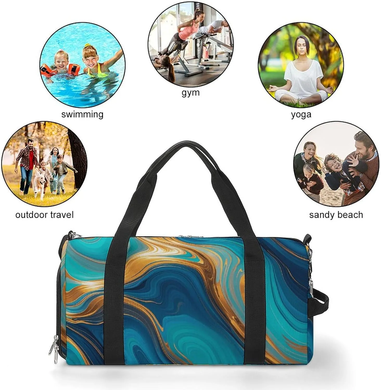 Gym Bags Small Turquoise Blue Gold Marble Duffel Bag Overnight Bag with Shoe Compartment Carryon Bag for Men Women