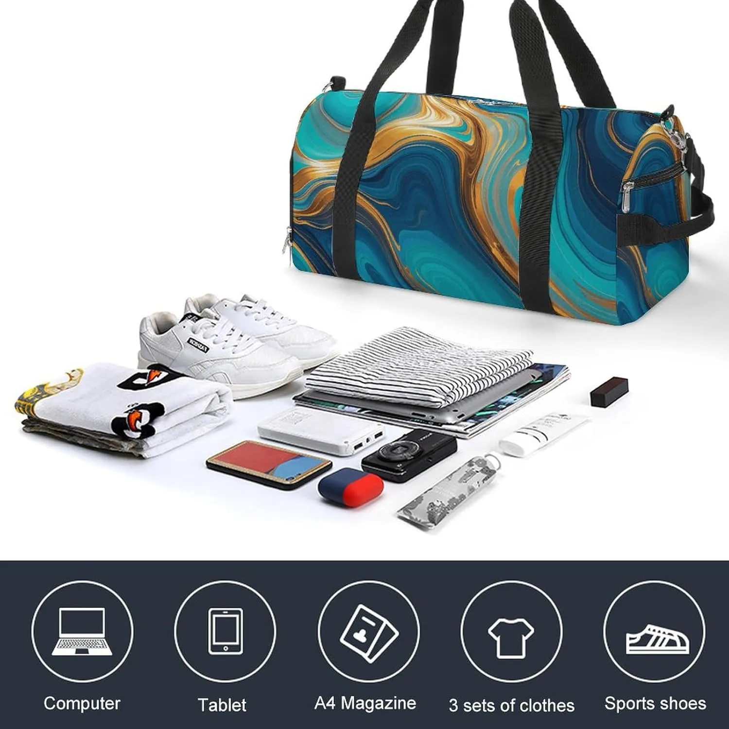 Gym Bags Small Turquoise Blue Gold Marble Duffel Bag Overnight Bag with Shoe Compartment Carryon Bag for Men Women