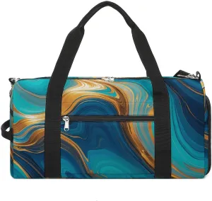 Gym Bags Small Turquoise Blue Gold Marble Duffel Bag Overnight Bag with Shoe Compartment Carryon Bag for Men Women