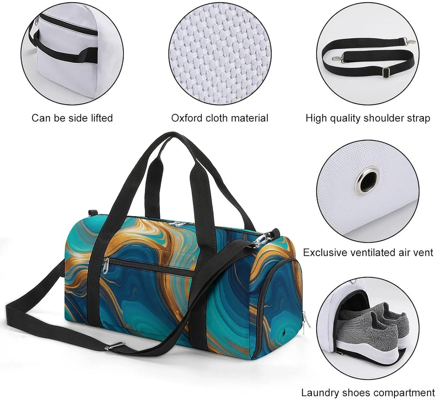 Gym Bags Small Turquoise Blue Gold Marble Duffel Bag Overnight Bag with Shoe Compartment Carryon Bag for Men Women