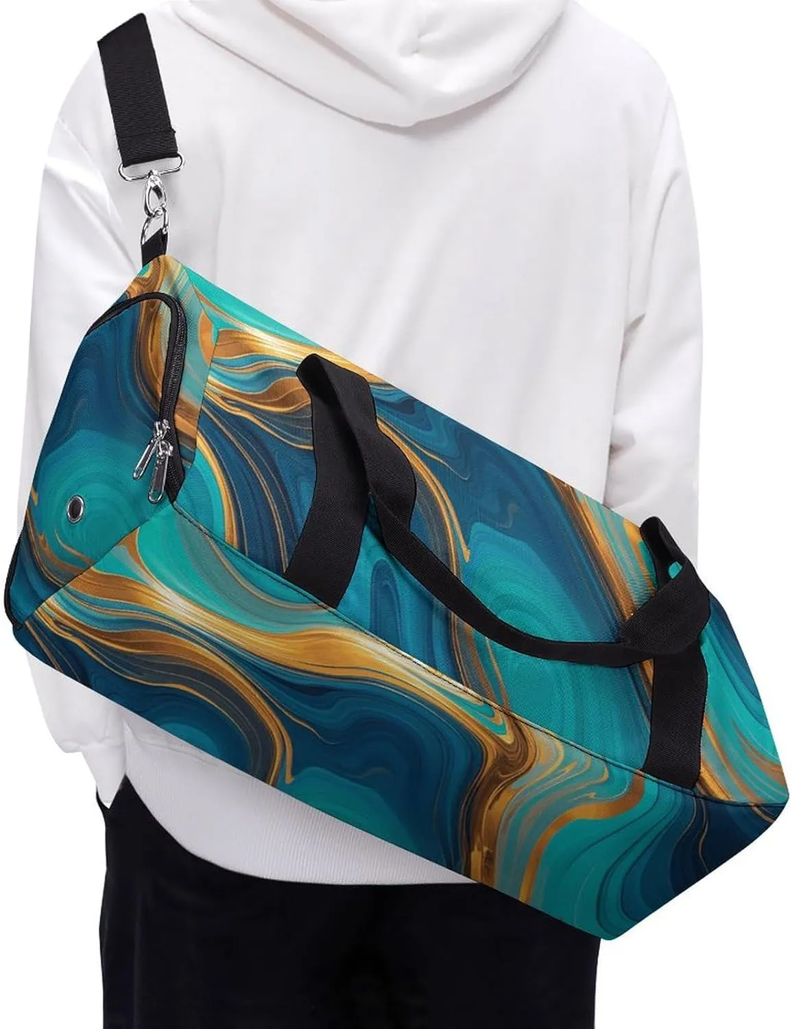 Gym Bags Small Turquoise Blue Gold Marble Duffel Bag Overnight Bag with Shoe Compartment Carryon Bag for Men Women