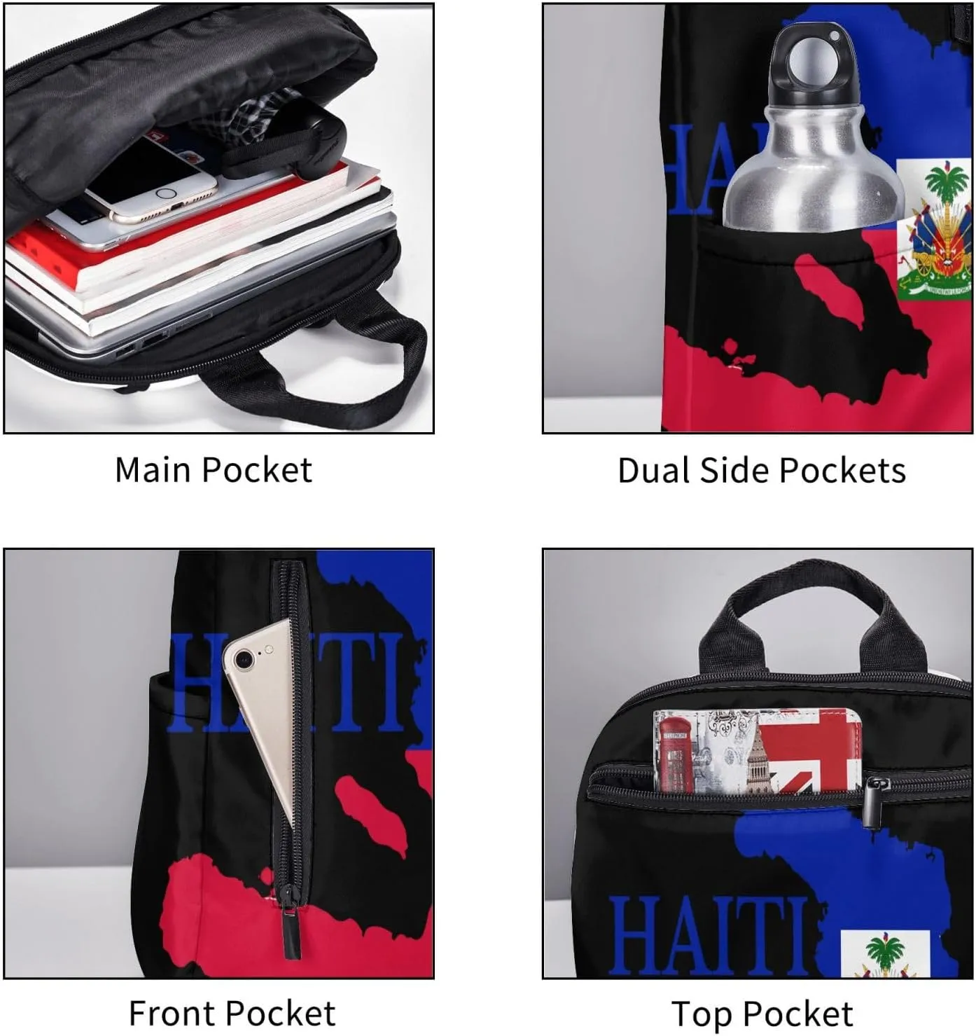 Haiti Map Flag Casual Backpacks Large Capacity Laptop Backpack Sports Fitness Rucksack Travel Carry-On Daypack Work Bag for Outdoor Camping