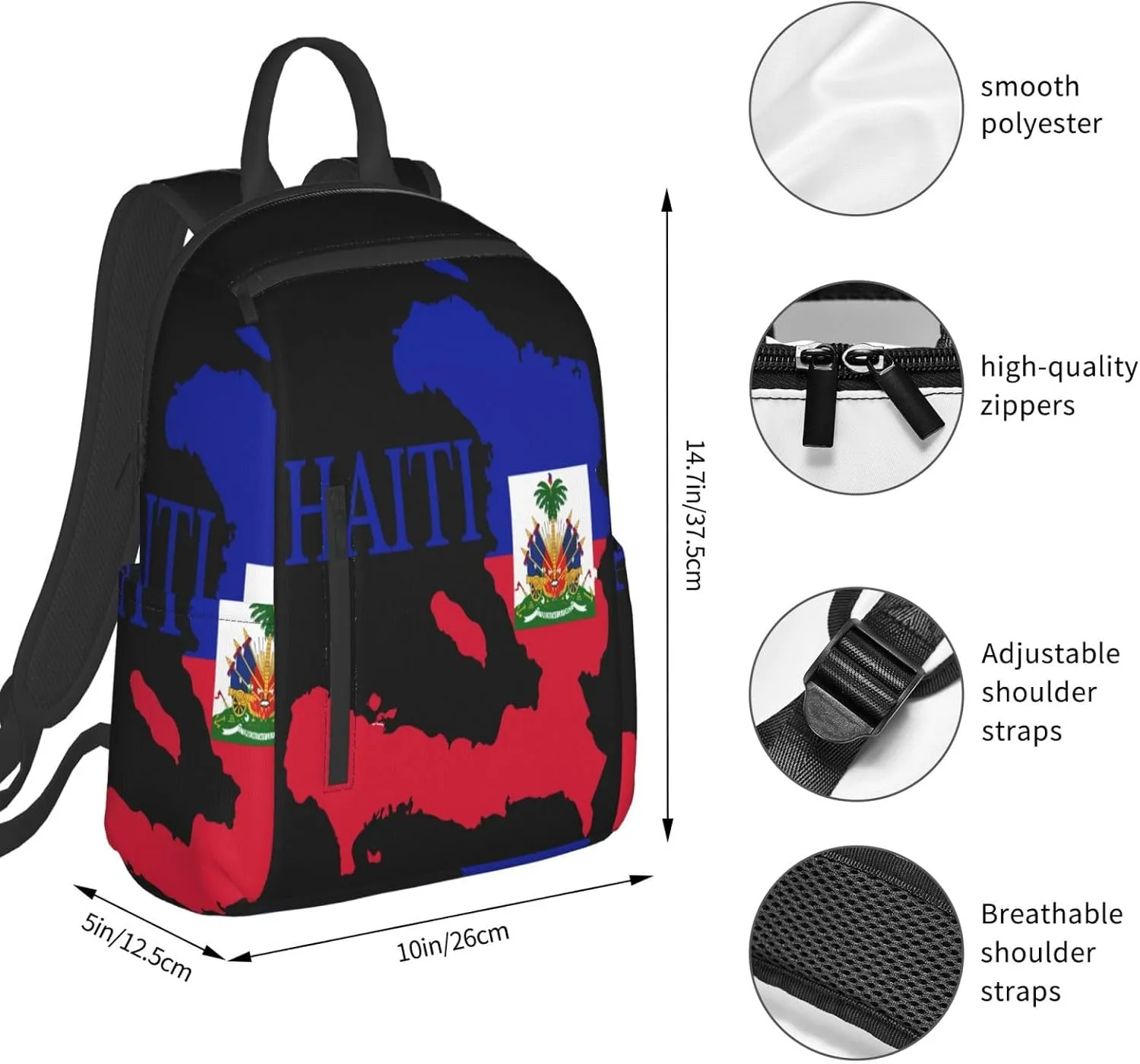 Haiti Map Flag Casual Backpacks Large Capacity Laptop Backpack Sports Fitness Rucksack Travel Carry-On Daypack Work Bag for Outdoor Camping