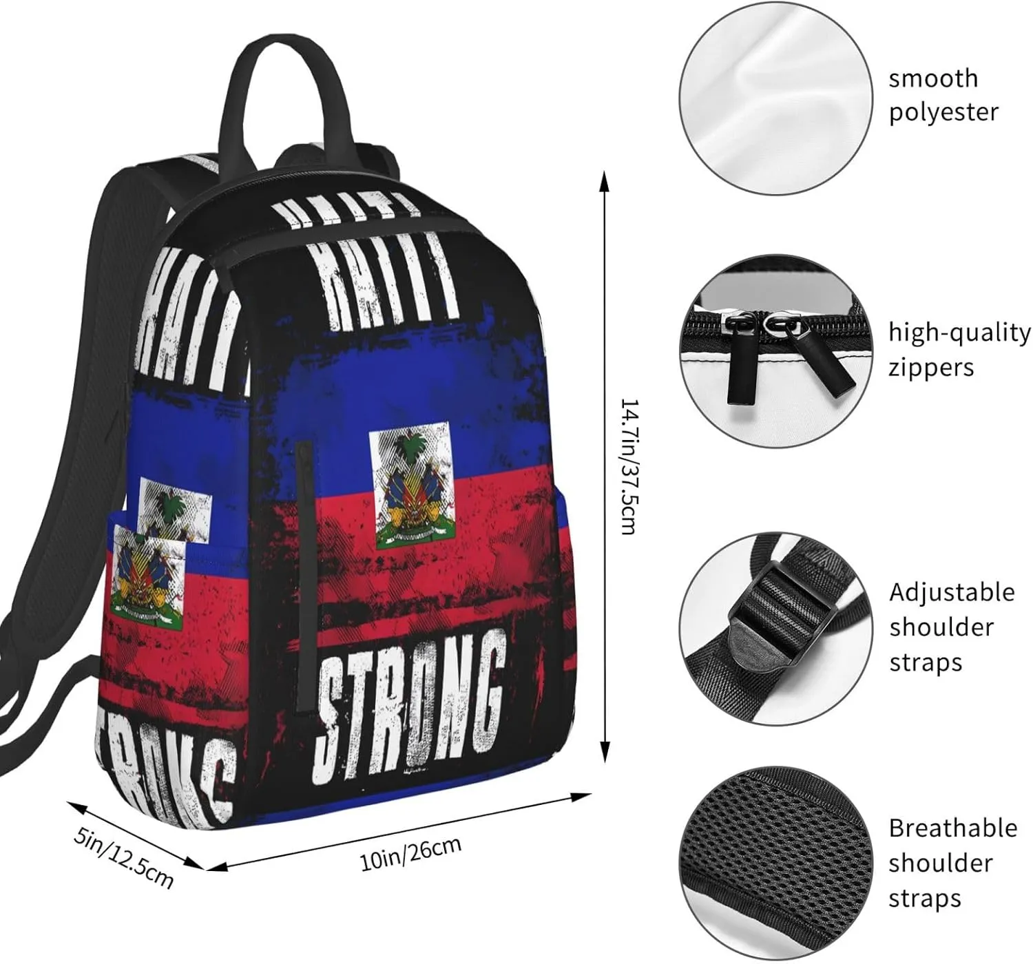 Haiti Strong Graffiti Flag Casual Backpacks Large Capacity Laptop Backpack Sports Fitness Rucksack Travel Carry-On Daypack Work Bag for Outdoor Camping