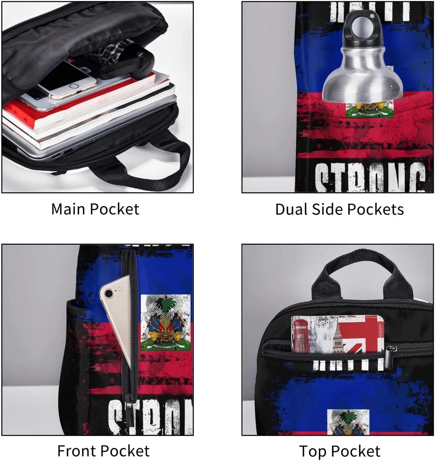 Haiti Strong Graffiti Flag Casual Backpacks Large Capacity Laptop Backpack Sports Fitness Rucksack Travel Carry-On Daypack Work Bag for Outdoor Camping