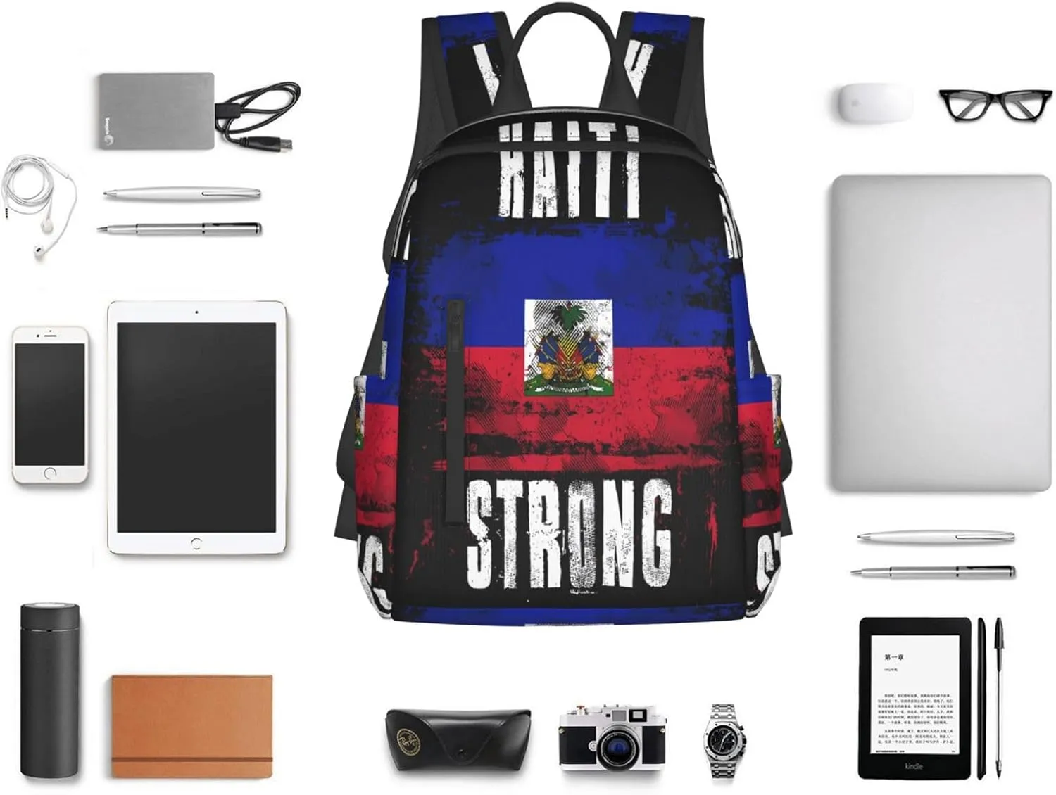 Haiti Strong Graffiti Flag Casual Backpacks Large Capacity Laptop Backpack Sports Fitness Rucksack Travel Carry-On Daypack Work Bag for Outdoor Camping