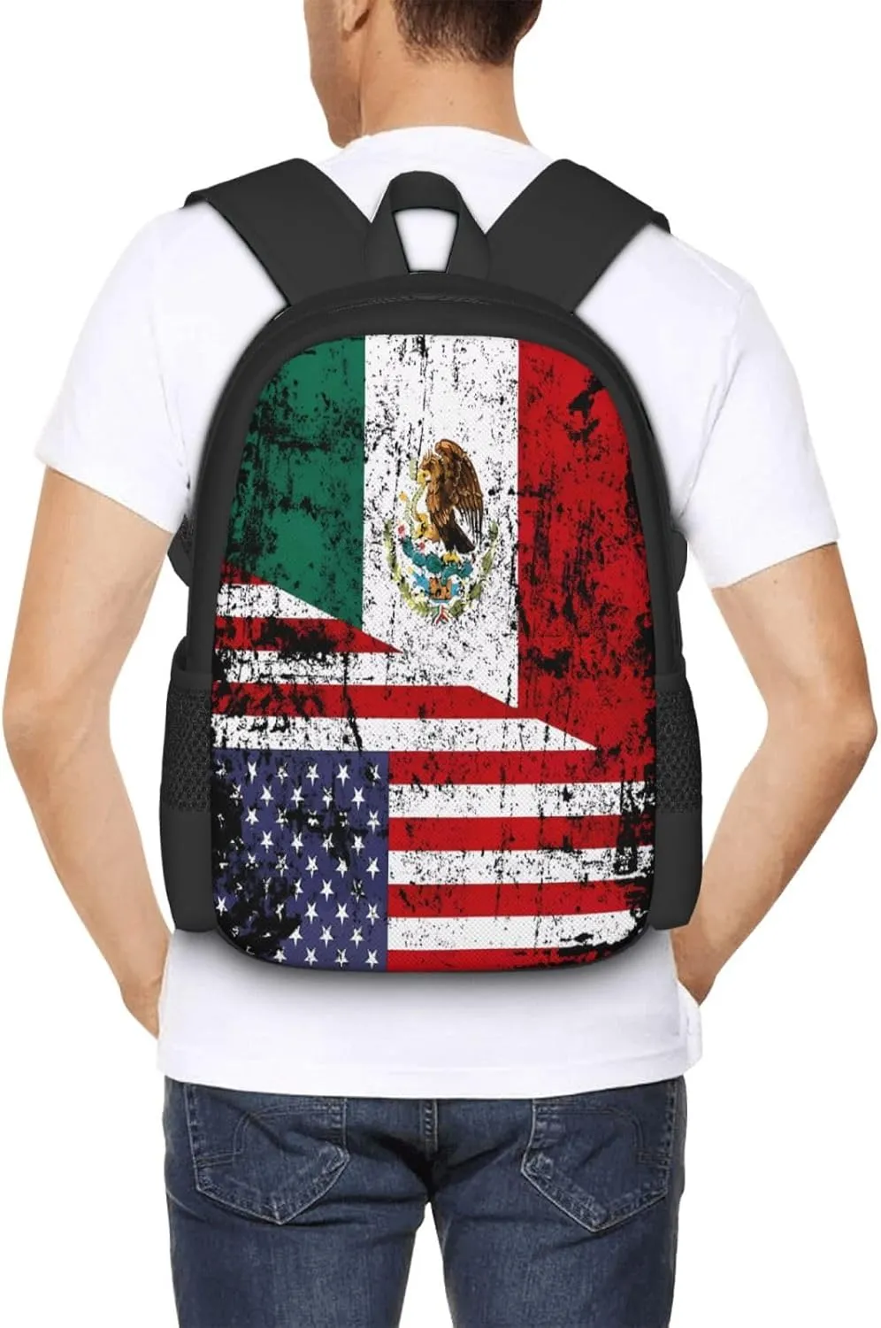 Half American Half Mexican Flag Casual Backpacks Large Capacity Backpack Laptop Rucksack Sport Daypack Commuter Bags with Adjustable Strap for Traveling Camping