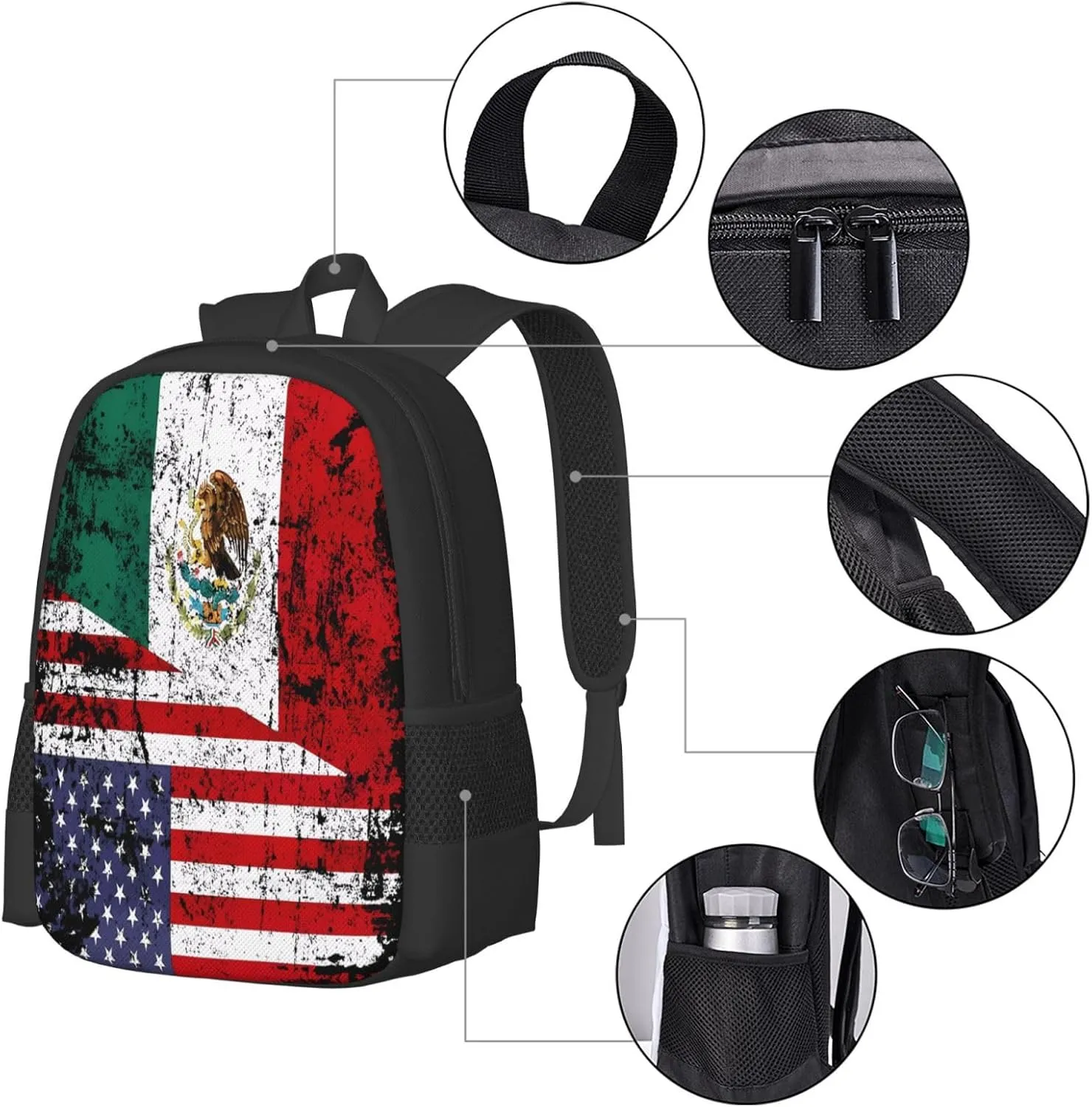 Half American Half Mexican Flag Casual Backpacks Large Capacity Backpack Laptop Rucksack Sport Daypack Commuter Bags with Adjustable Strap for Traveling Camping