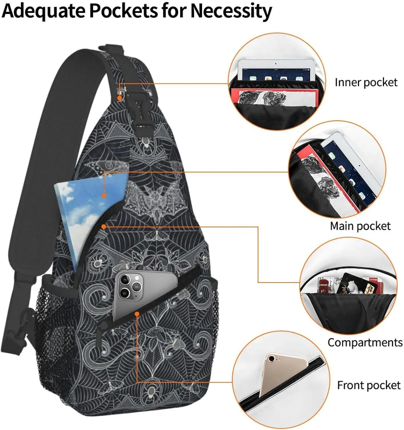 Halloween Gothic Bats Sling Bag Casual Chest Bags Adjustable Crossbody Bag Shoulder Backpack For Travel Hiking