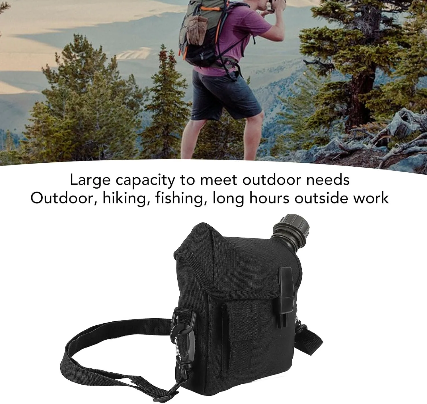 Hand Carry Camping Water Bottle 1.5L Large Capacity Portable Flat Adjustable Strap Water Container Kit with Waist Bag for Outdoor Sports Hiking (Black)