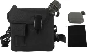 Hand Carry Camping Water Bottle 1.5L Large Capacity Portable Flat Adjustable Strap Water Container Kit with Waist Bag for Outdoor Sports Hiking (Black)